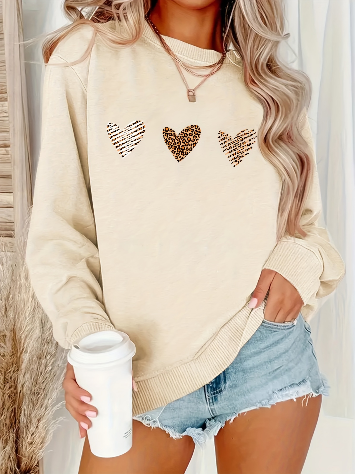 leopard heart print pullover sweatshirt casual long sleeve crew neck sweatshirt for fall winter womens clothing details 4