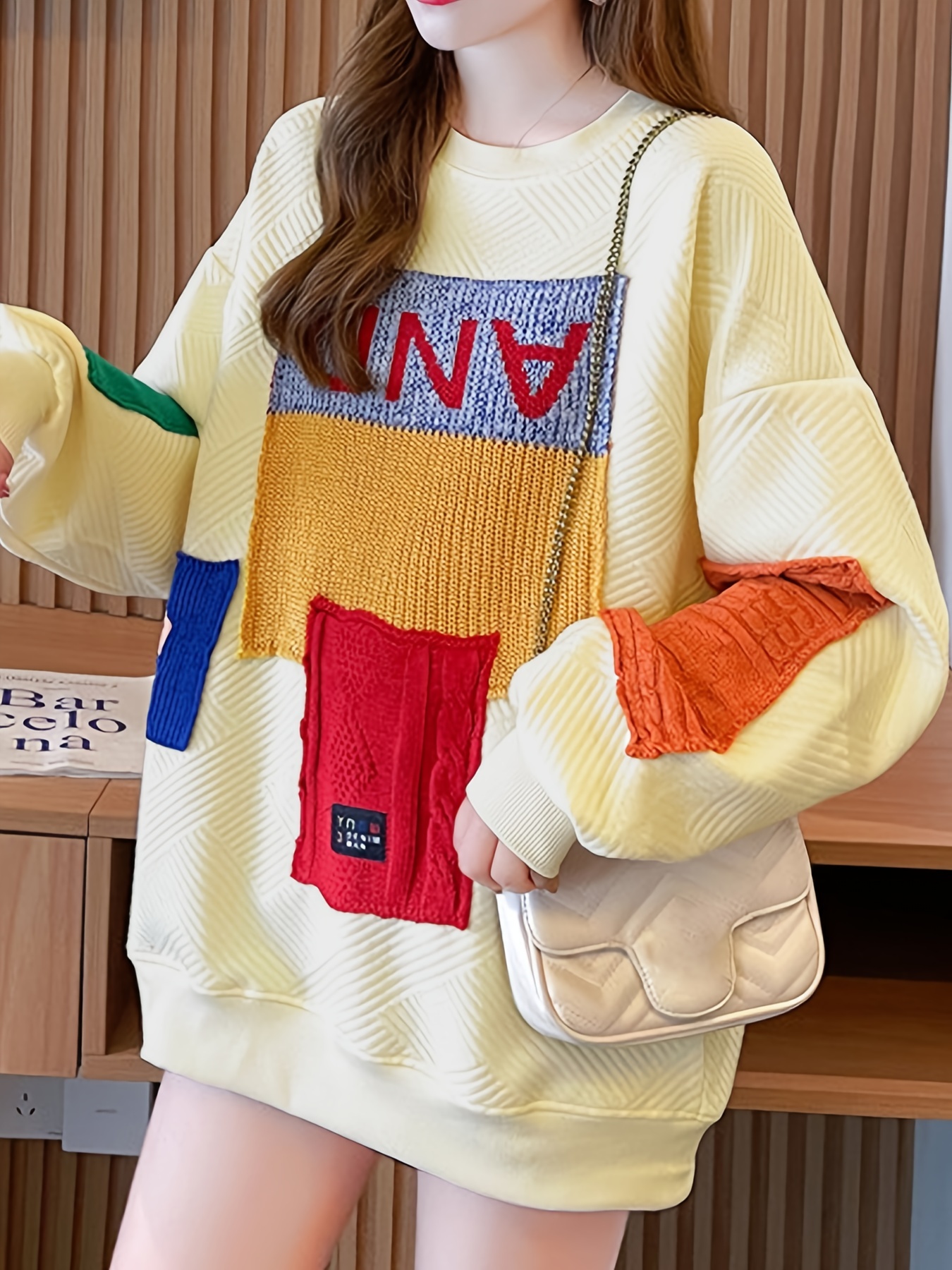 colorblock patchwork crew neck pullover casual fashion loose long sleeve sweatshirt womens clothing details 11
