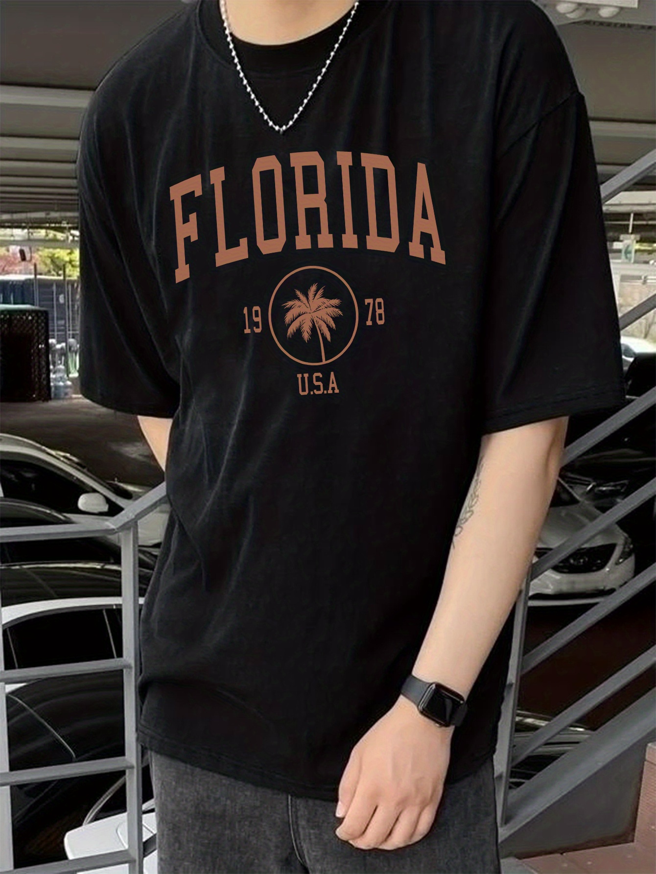 florida letter print mens t shirt for summer beach vacation mens trendy graphic crew neck tops details 2