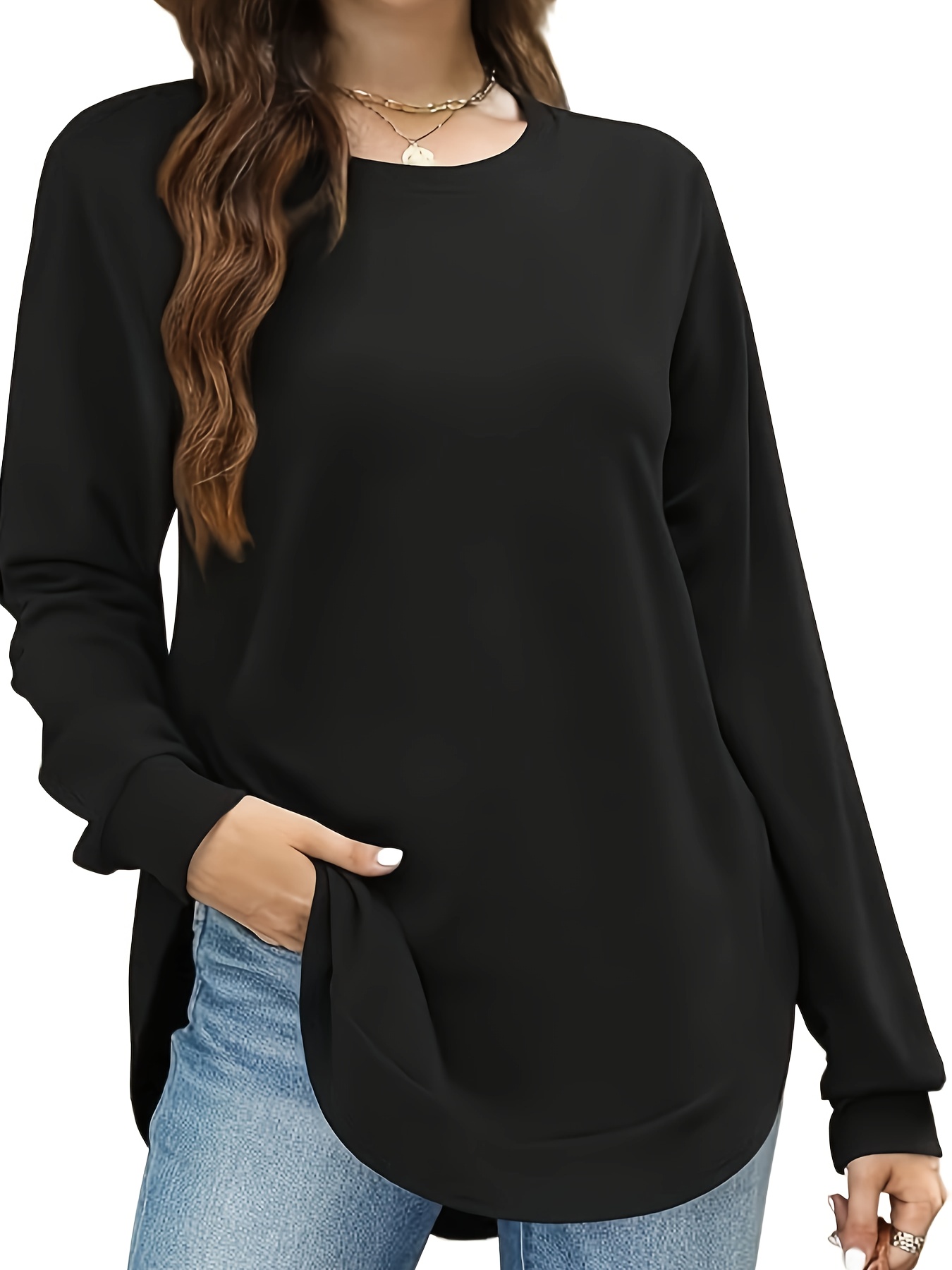 solid split hem pullover sweatshirt casual long sleeve crew neck sweatshirt for fall winter womens clothing details 8