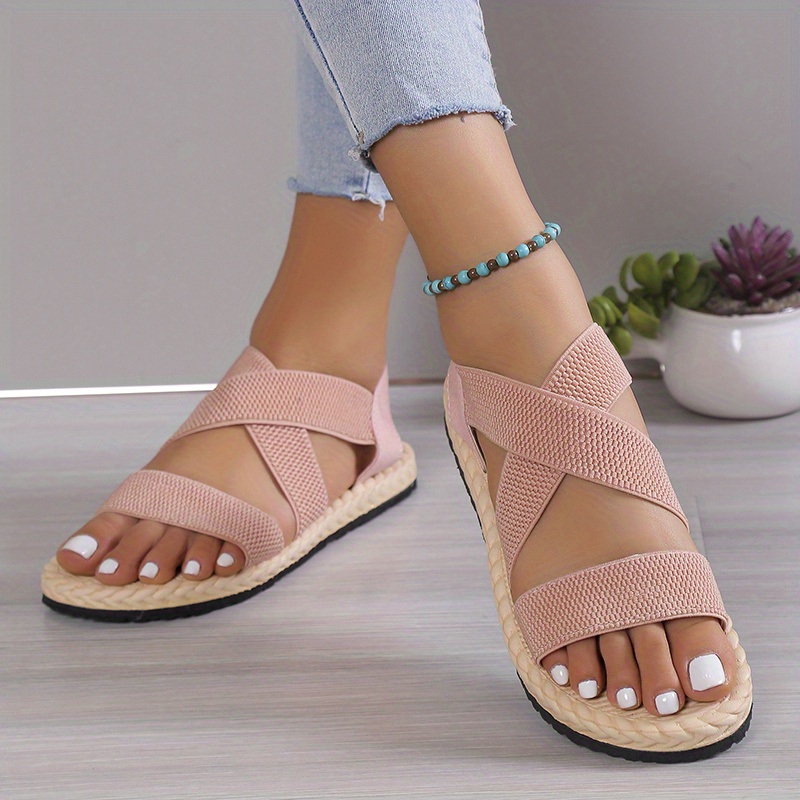 womens solid color flat sandals open toe elastic strap slip on shoes casual outdoor beach sandals details 3