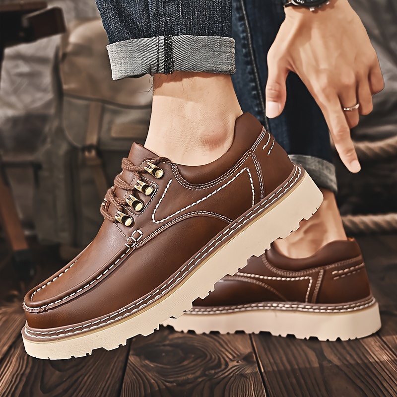 mens retro style split leather low top casual shoes wear resistant non slip lace up shoes for outdoor details 2