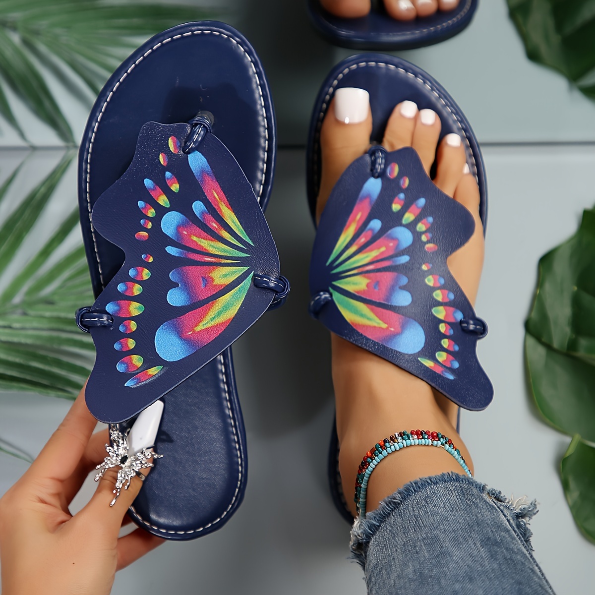 womens butterfly design thong sandals slip on soft sole lightweight flat slides summer non slip beach slides details 3