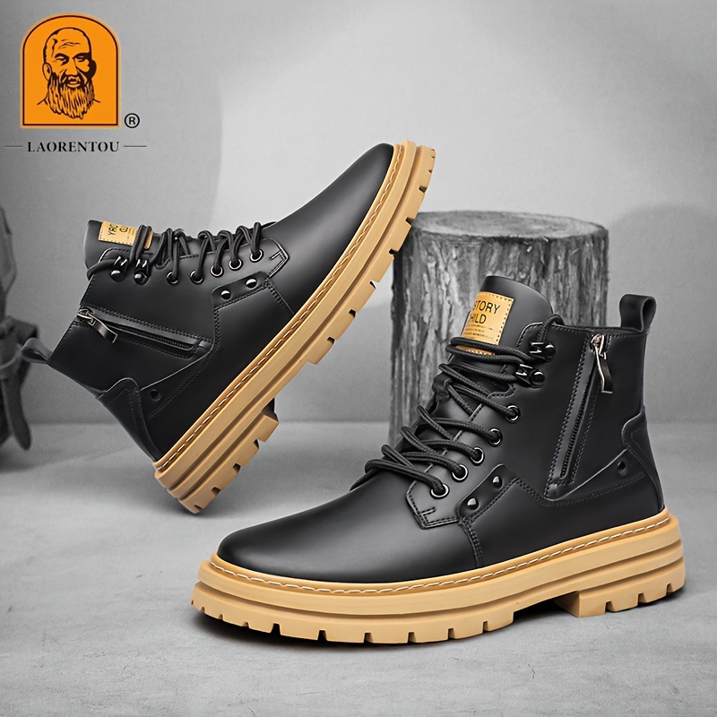 mens trendy outdoor work boots breathable anti skid high top lace up boots with side zipper autumn and winter details 3
