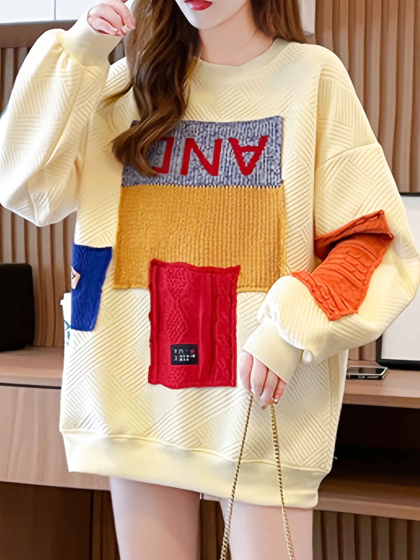 colorblock patchwork crew neck pullover casual fashion loose long sleeve sweatshirt womens clothing details 10