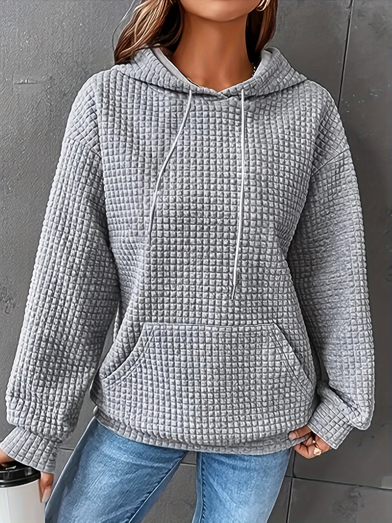 color block waffle drawstring hoodie casual long sleeve pocket sweatshirt womens clothing details 20