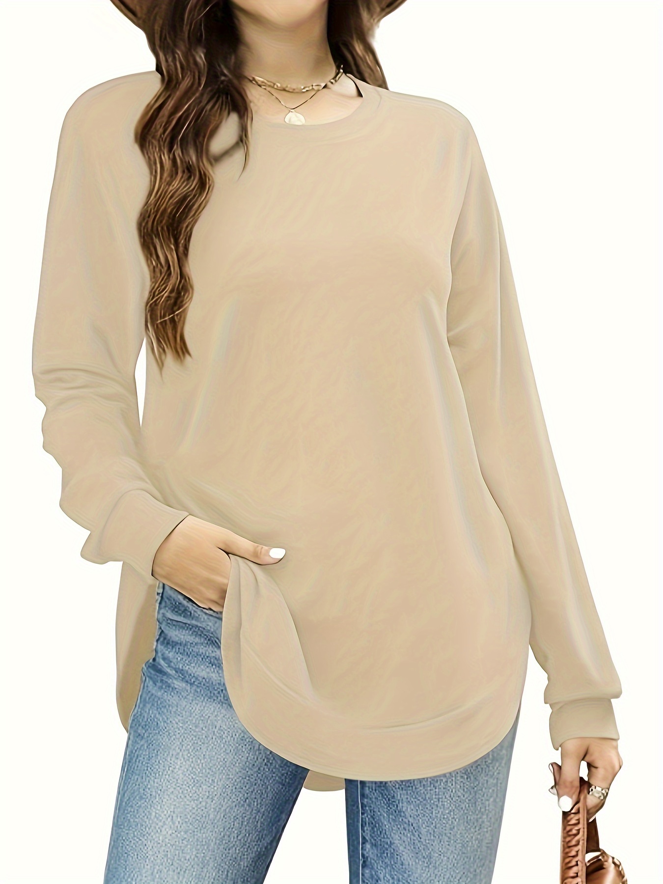 solid split hem pullover sweatshirt casual long sleeve crew neck sweatshirt for fall winter womens clothing details 2