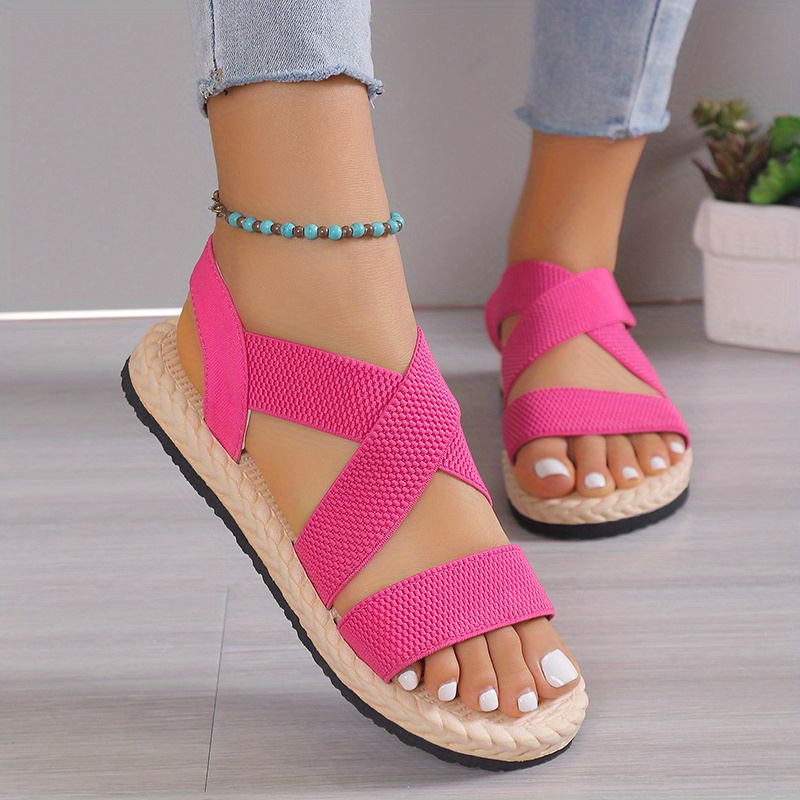 womens solid color flat sandals open toe elastic strap slip on shoes casual outdoor beach sandals details 7