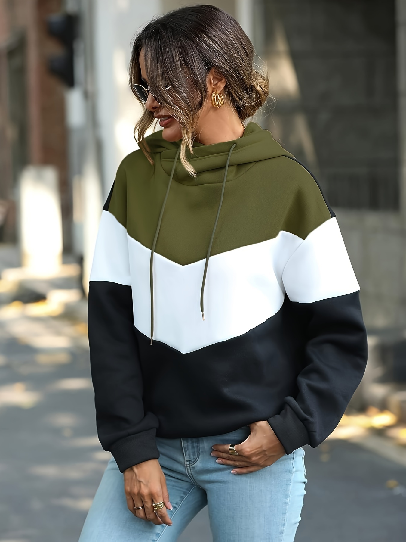 color block drawstring hoodie casual long sleeve novelty hoodies sweatshirt womens clothing details 1