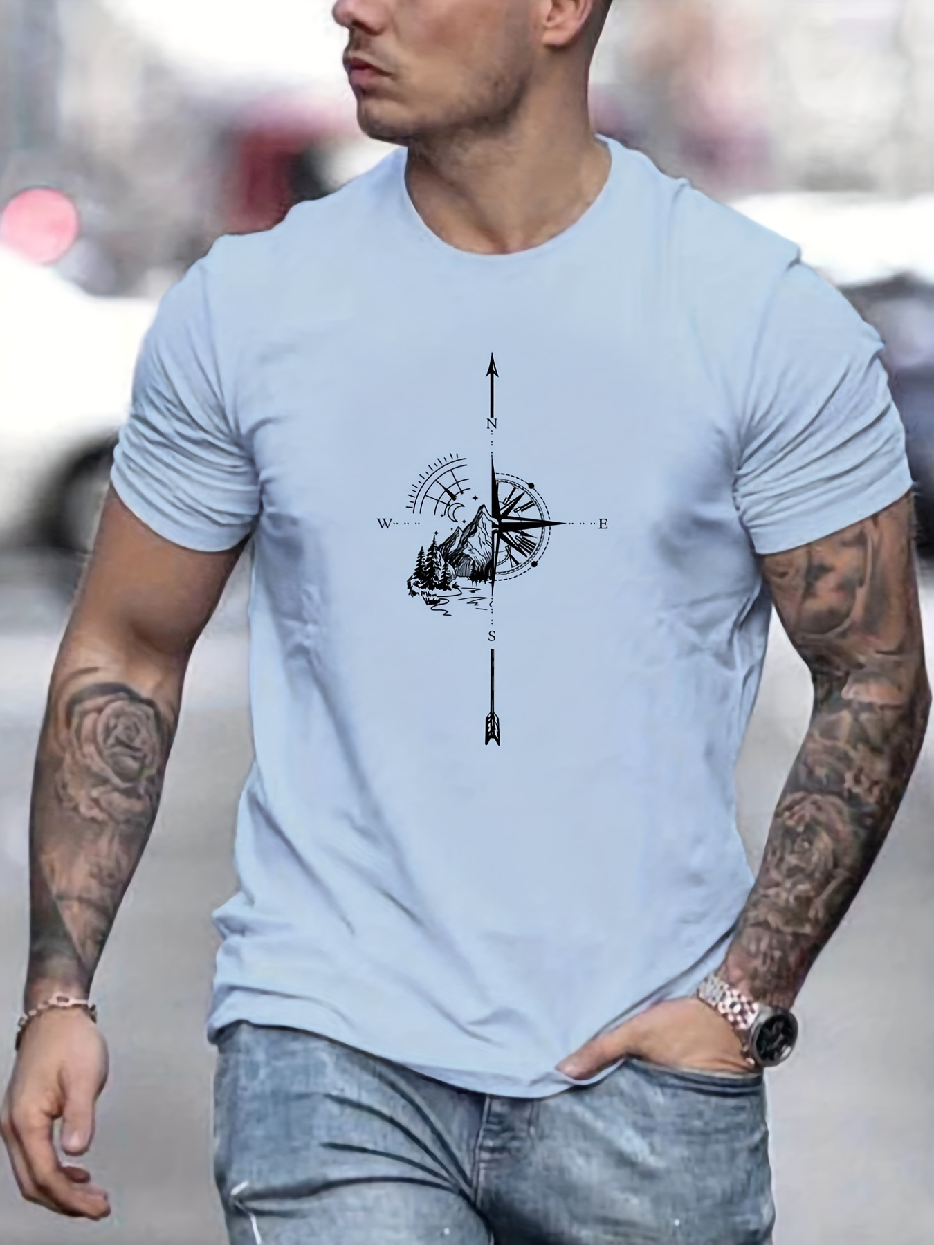mountain and compass pattern print mens comfy t shirt graphic tee mens summer outdoor clothes mens clothing tops for men details 10