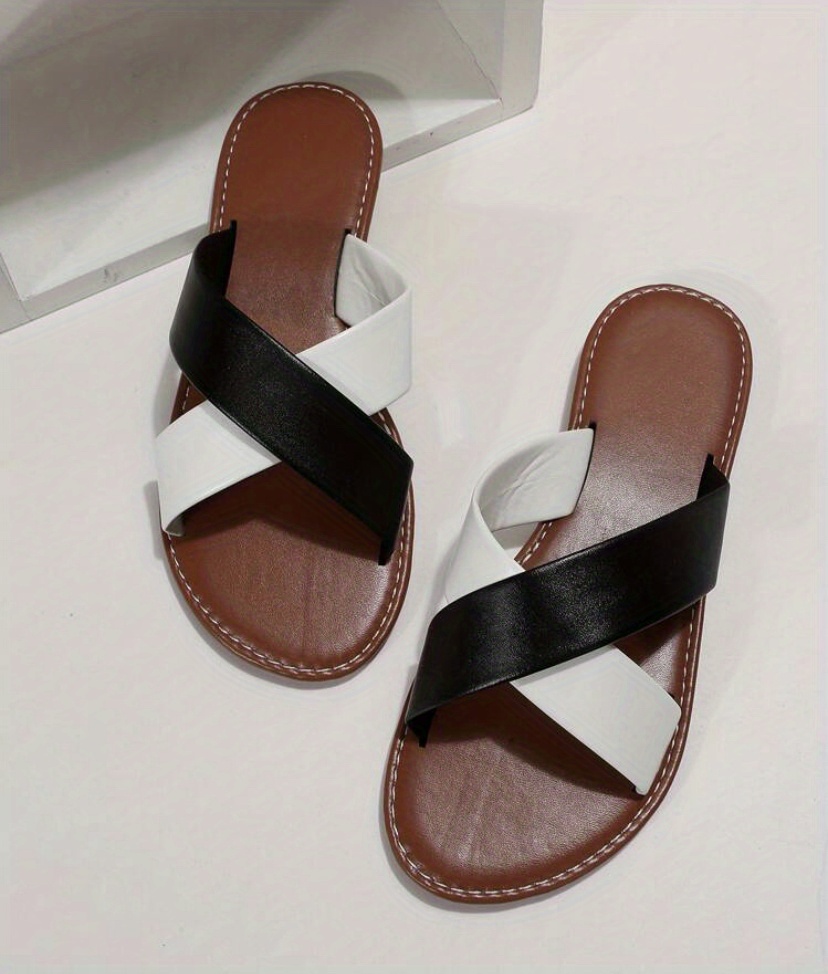 womens cross strap flat slippers solid color open toe non slip slides casual outdoor beach slippers details 10