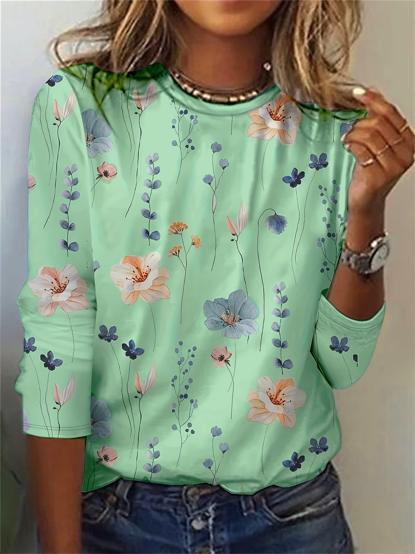 floral print sweatshirt casual long sleeve crew neck sweatshirt for spring fall womens clothing details 0