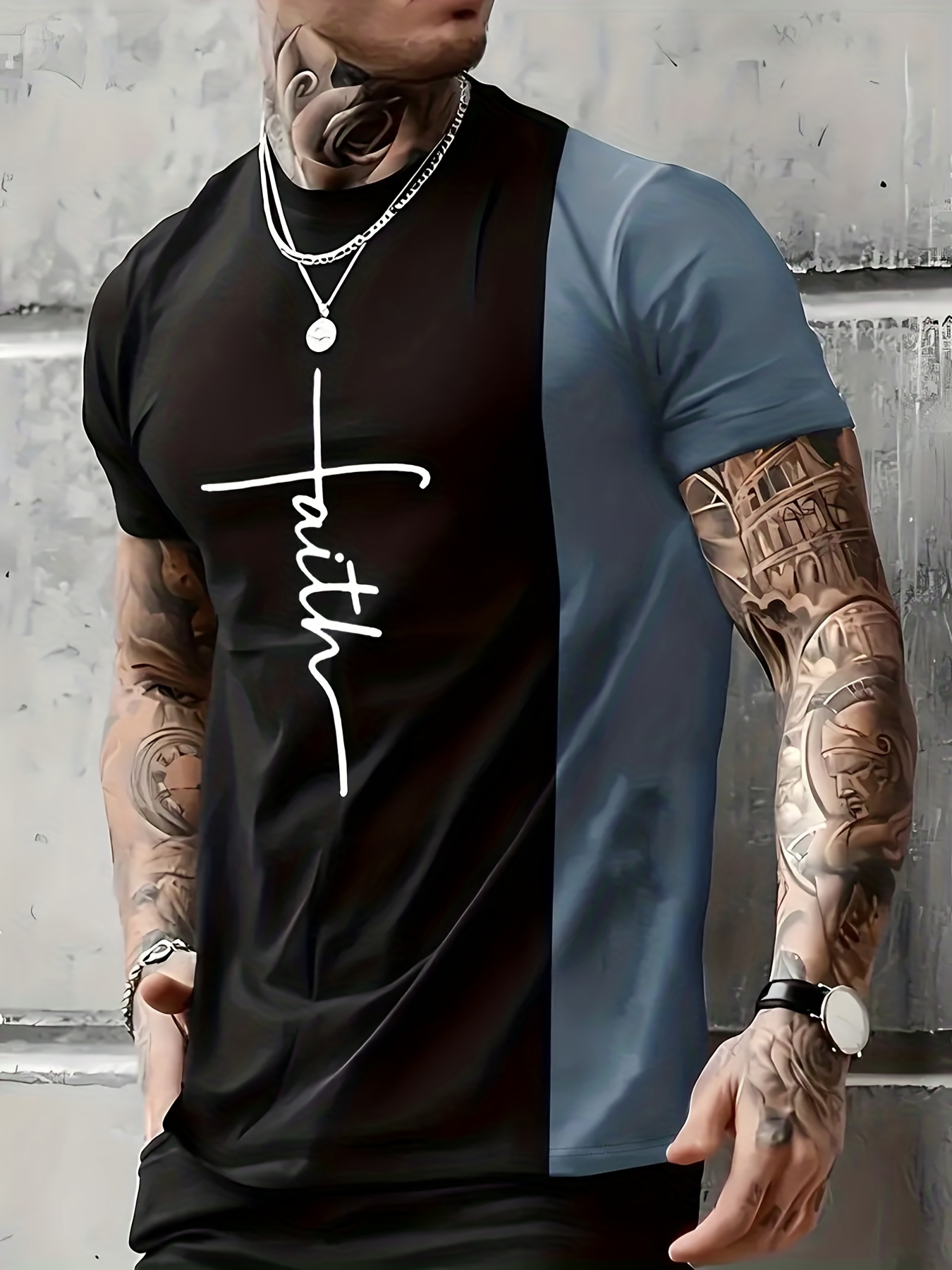 faith color block print t shirt tees for men casual short sleeve tshirt for summer spring fall tops as gifts details 0