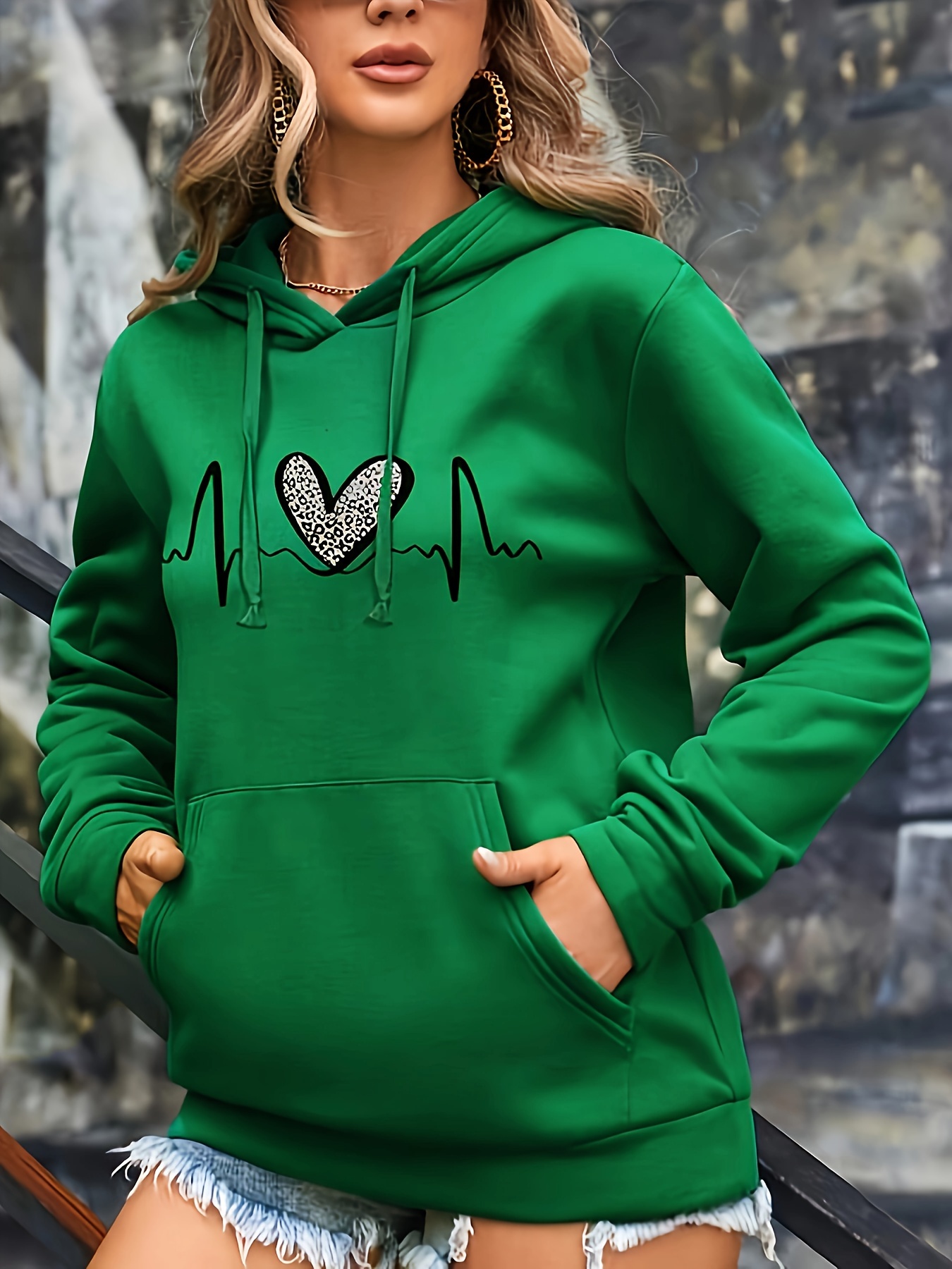leopard heart print drawstring hoodie casual long sleeve drop shoulder hoodie womens clothing details 3