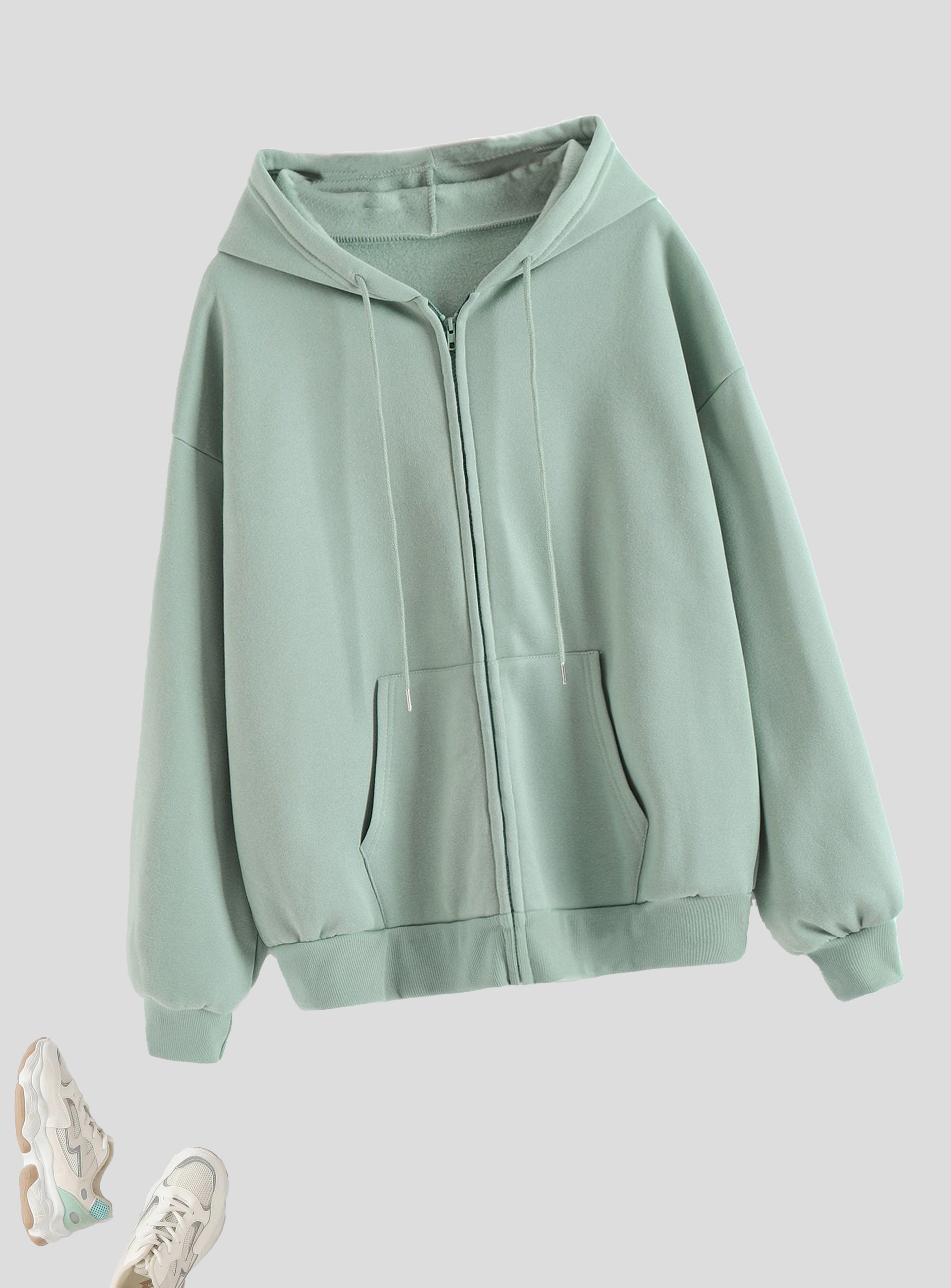 solid zip up hoodie casual long sleeve drawstring hoodies sweatshirt womens clothing details 4