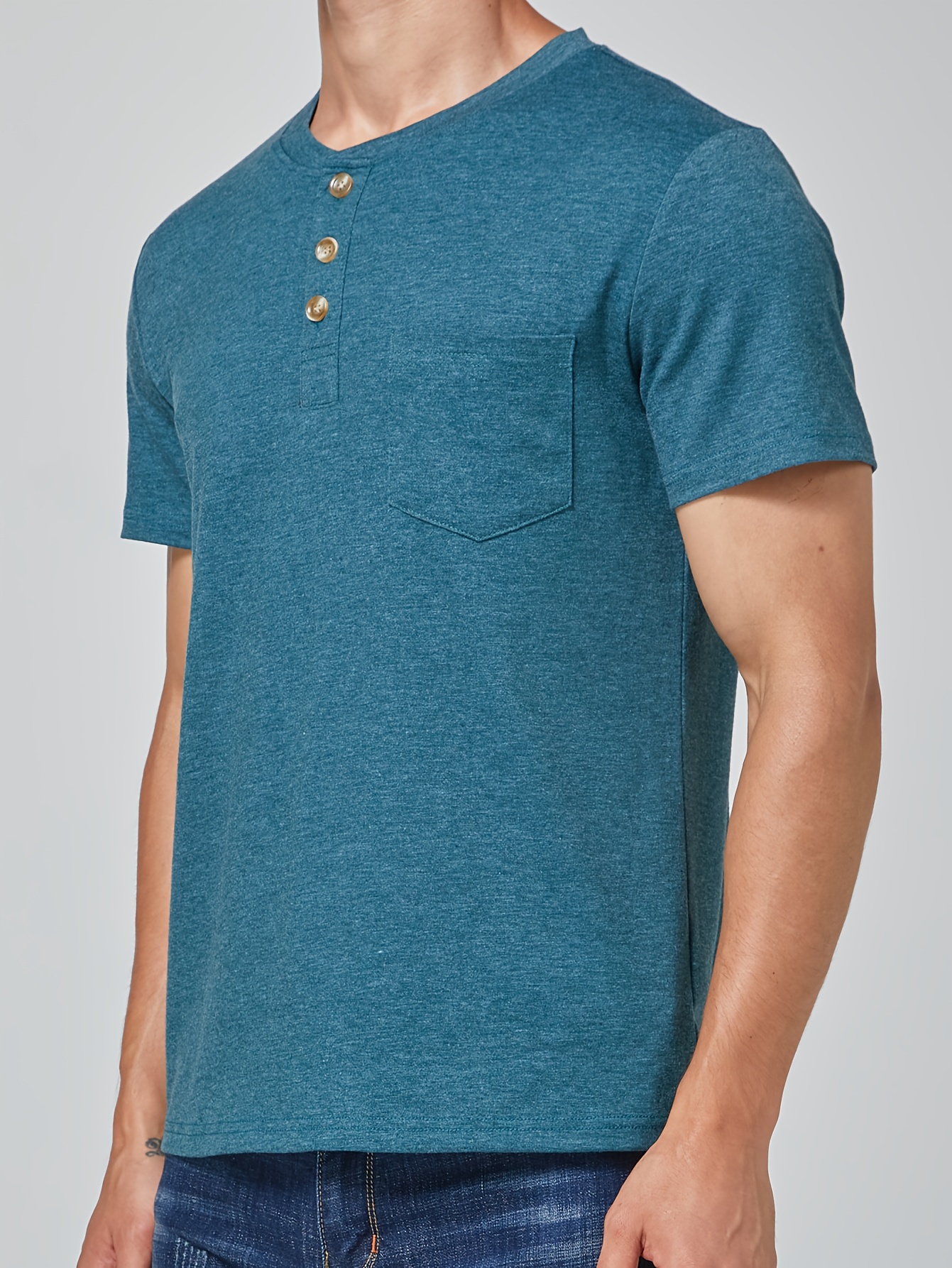 Solid Color Men's Basic Henley Tee With Chest Pocket, Casual Slim Short Sleeve Henley T-Shirt With Button