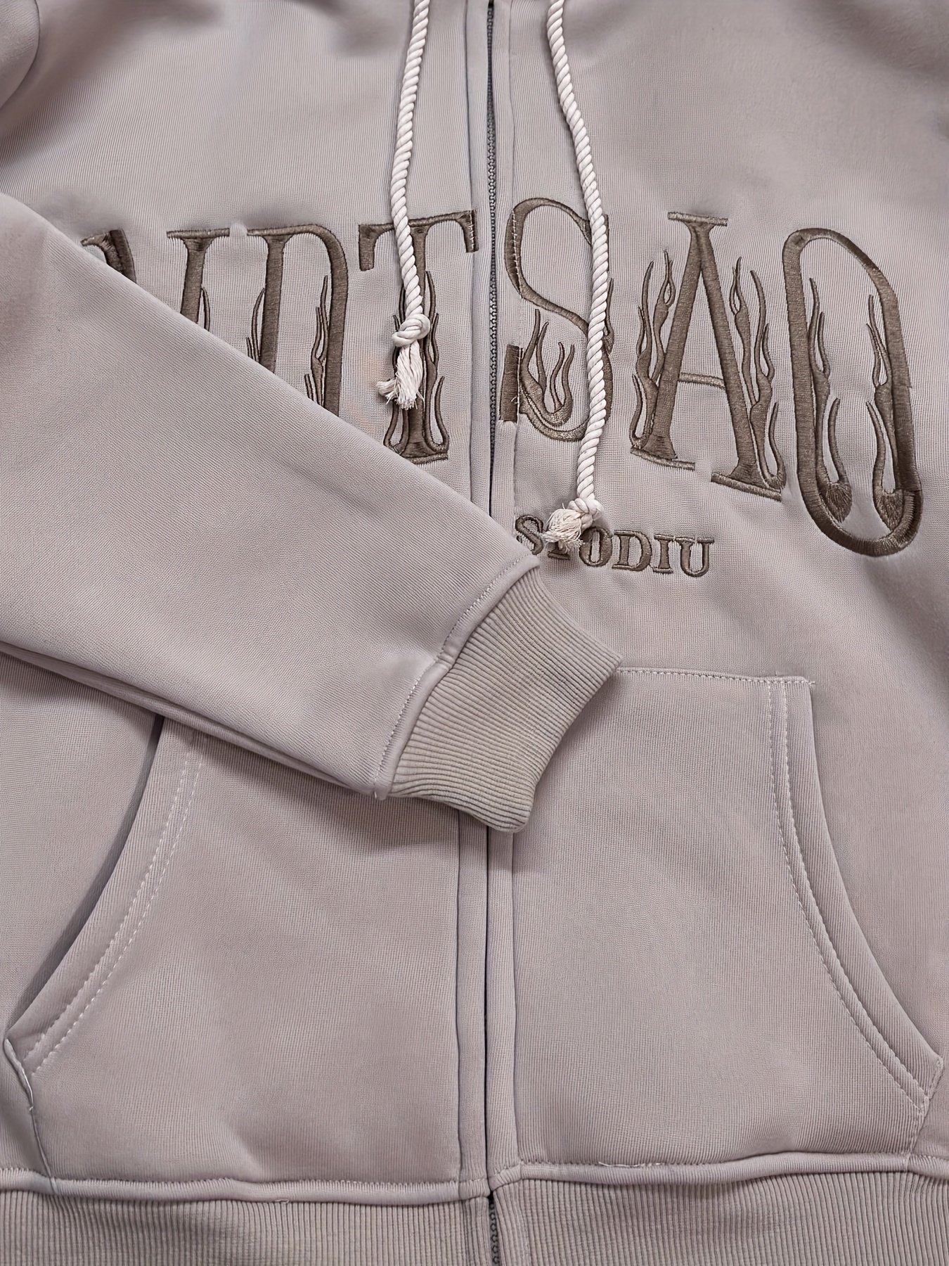 letter print zip up drawstring hoodie casual long sleeve slant pockets jacket womens clothing details 4