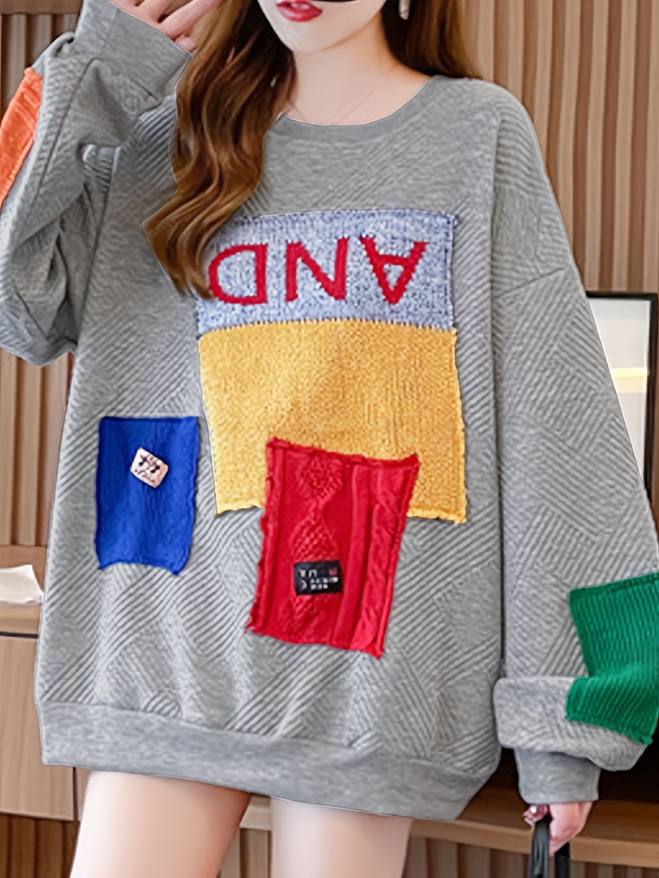 colorblock patchwork crew neck pullover casual fashion loose long sleeve sweatshirt womens clothing details 4