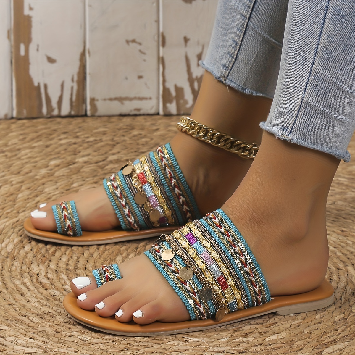 boho style flat slides, womens boho style flat slides tribal style toe loop non slip shoes casual outdoor slides details 0