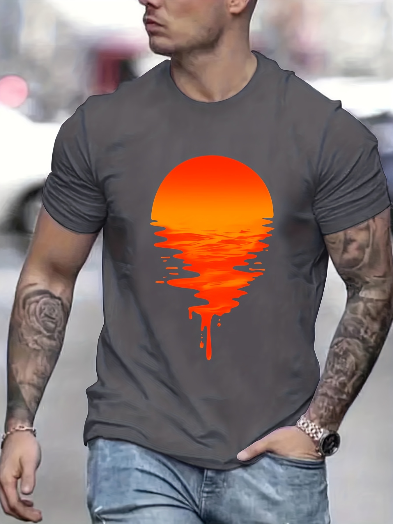 sunset print mens graphic design crew neck t shirt casual comfy tees tshirts for summer mens clothing tops for daily vacation resorts details 5
