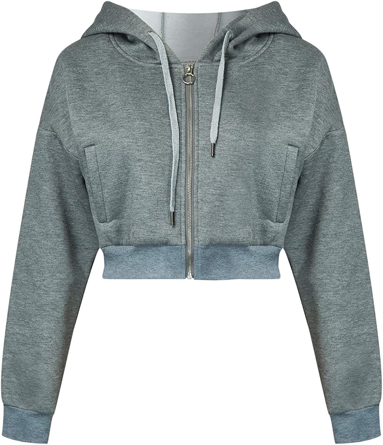 Women's Drawstring Zip Up Fleece Hoodie Coat Jacket Crop Top
