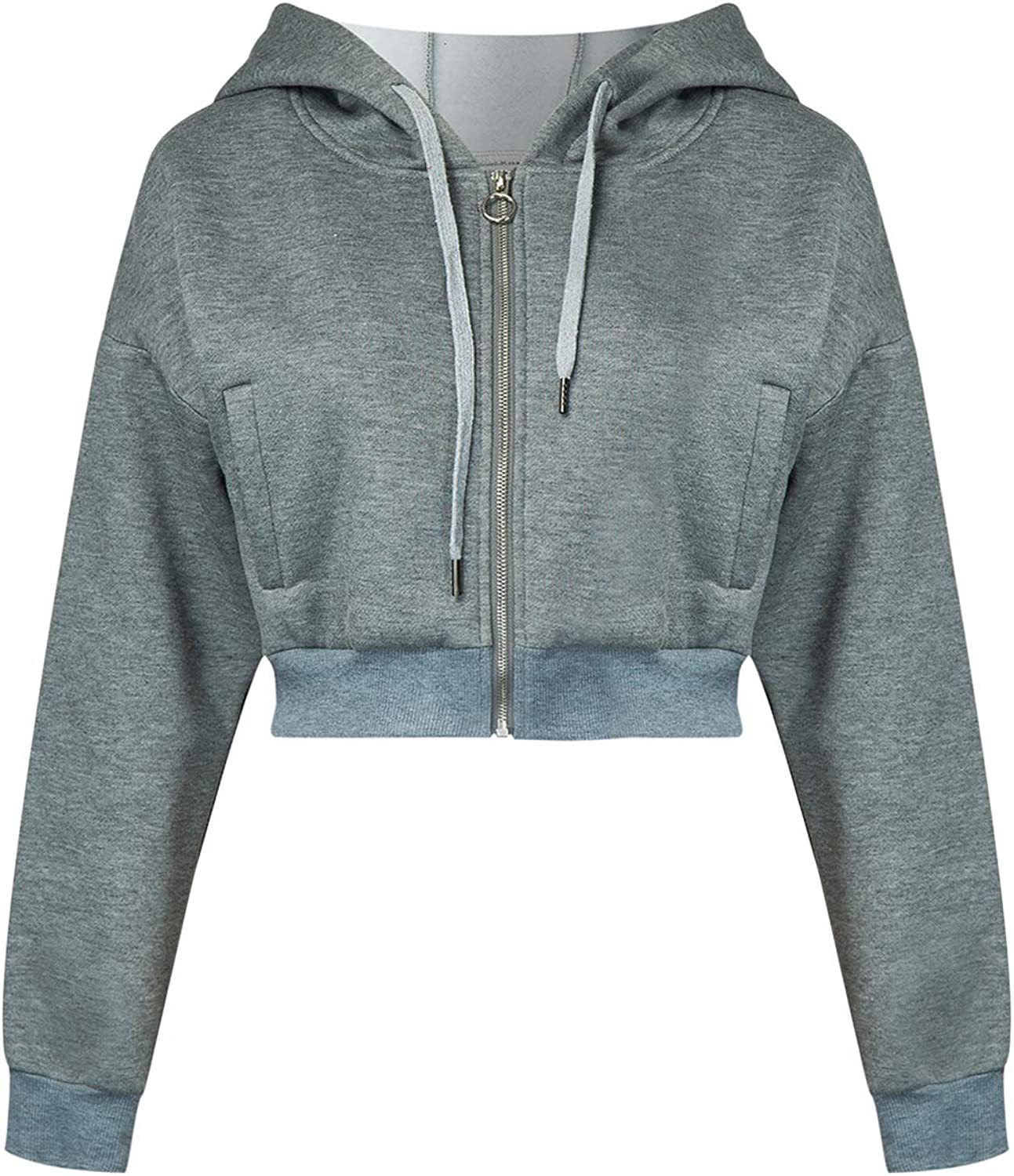 Women's Drawstring Zip Up Fleece Hoodie Coat Jacket Crop Top