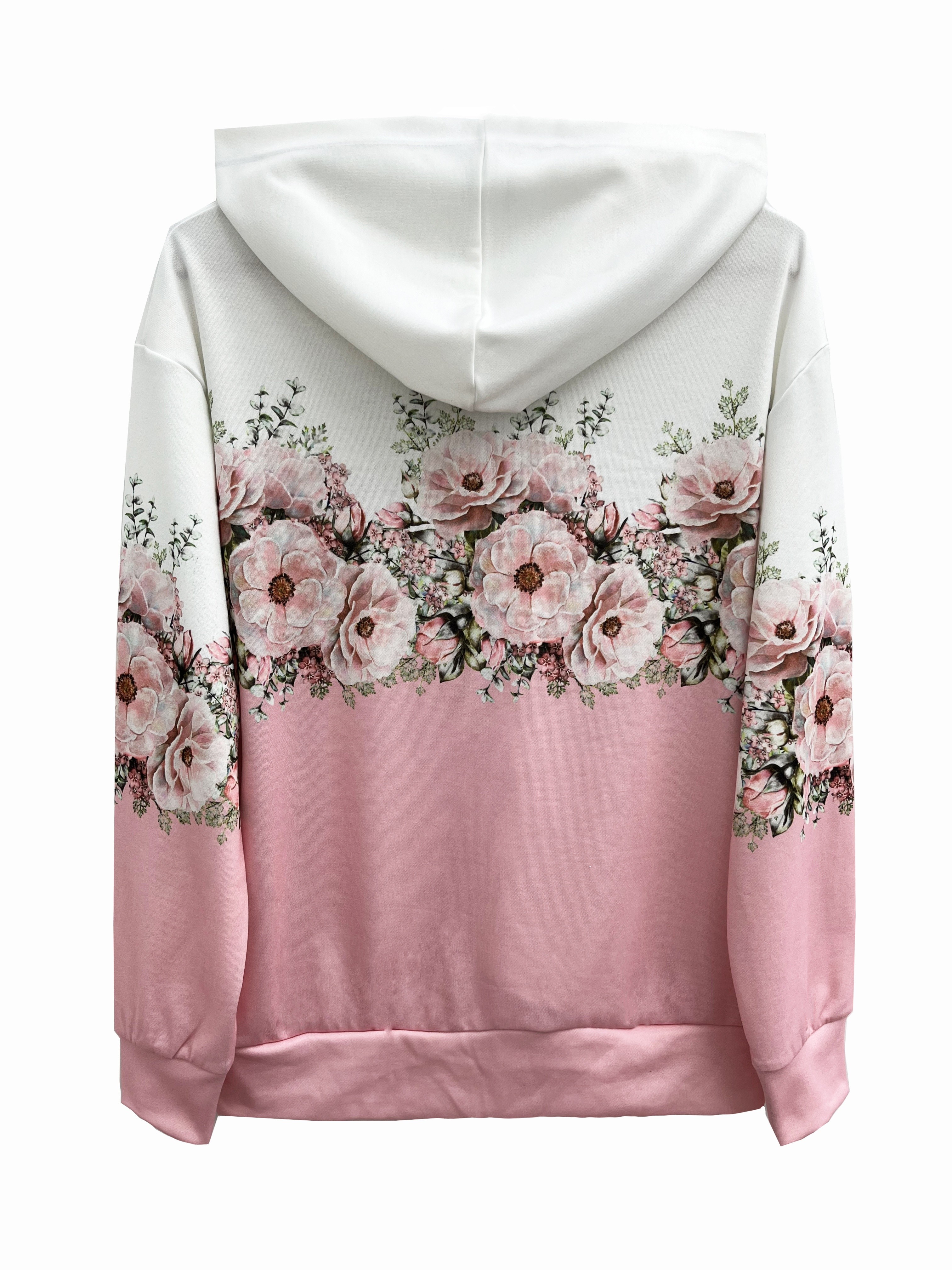 floral print zip up drawstring hoodie casual long sleeve slant pockets hoodie outerwear womens clothing details 0