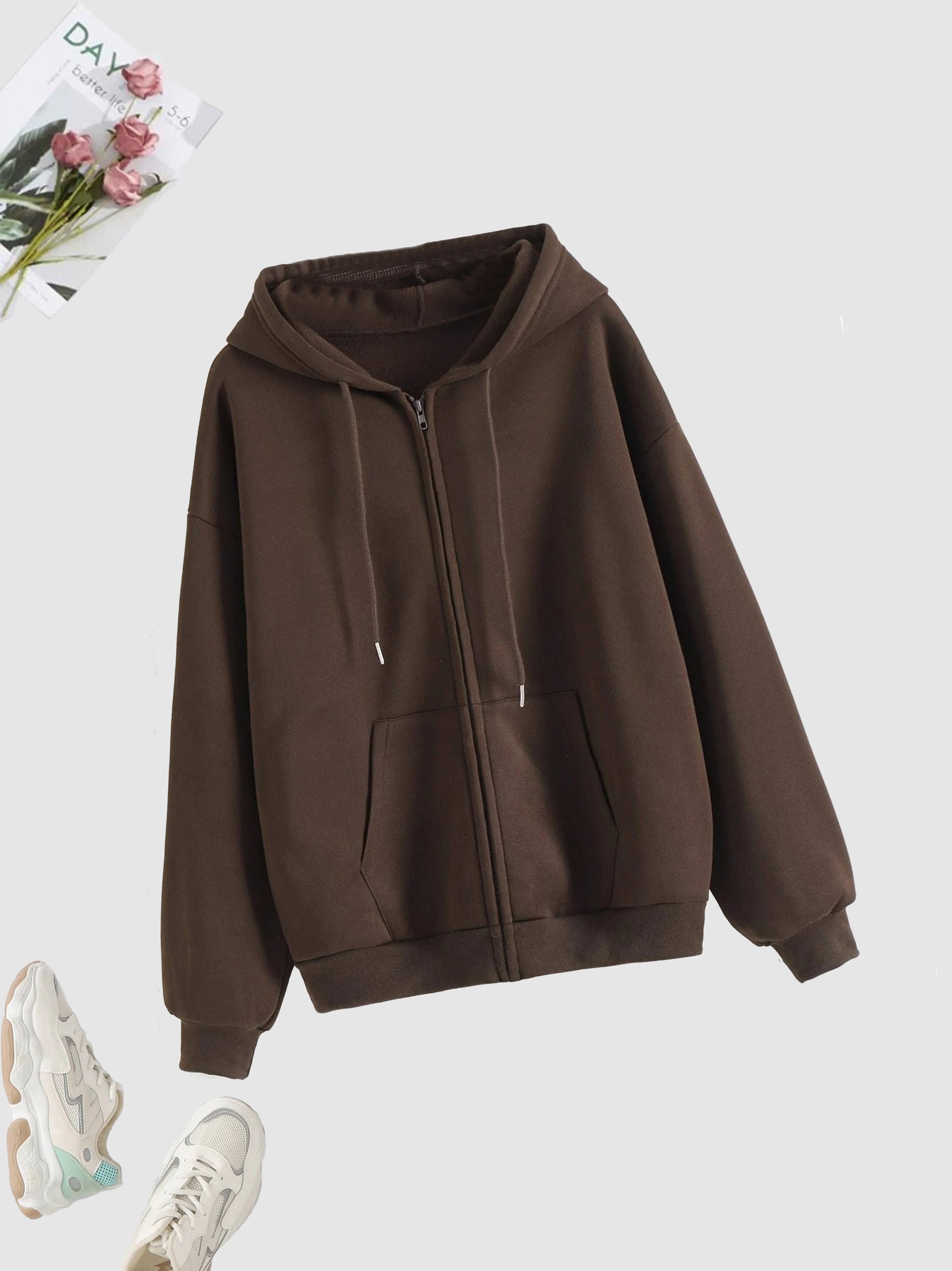 solid zip up hoodie casual long sleeve drawstring hoodies sweatshirt womens clothing details 2