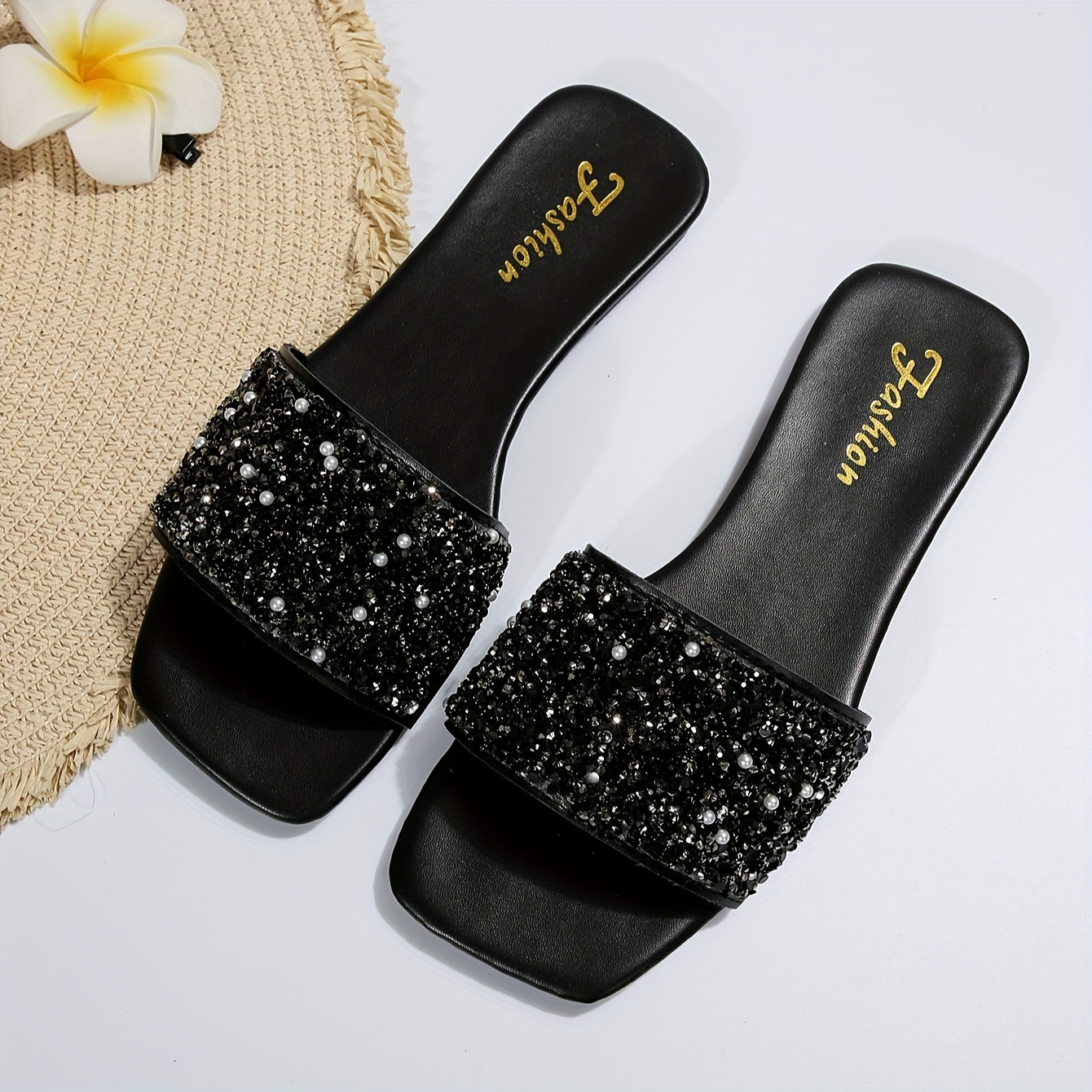 womens solid color flat sandals slip on casual rhinestone pattern shoes lightweight beach comfy slides details 3