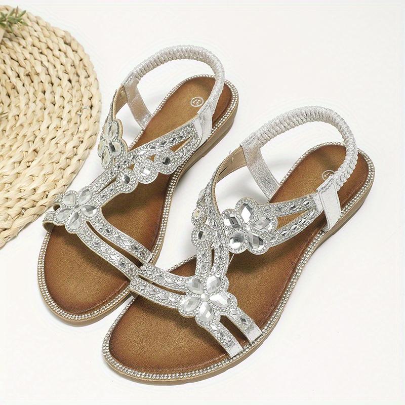 floral rhinestone flat sandals, womens floral rhinestone flat sandals boho style open toe elastic strap shoes casual beach sandals details 22