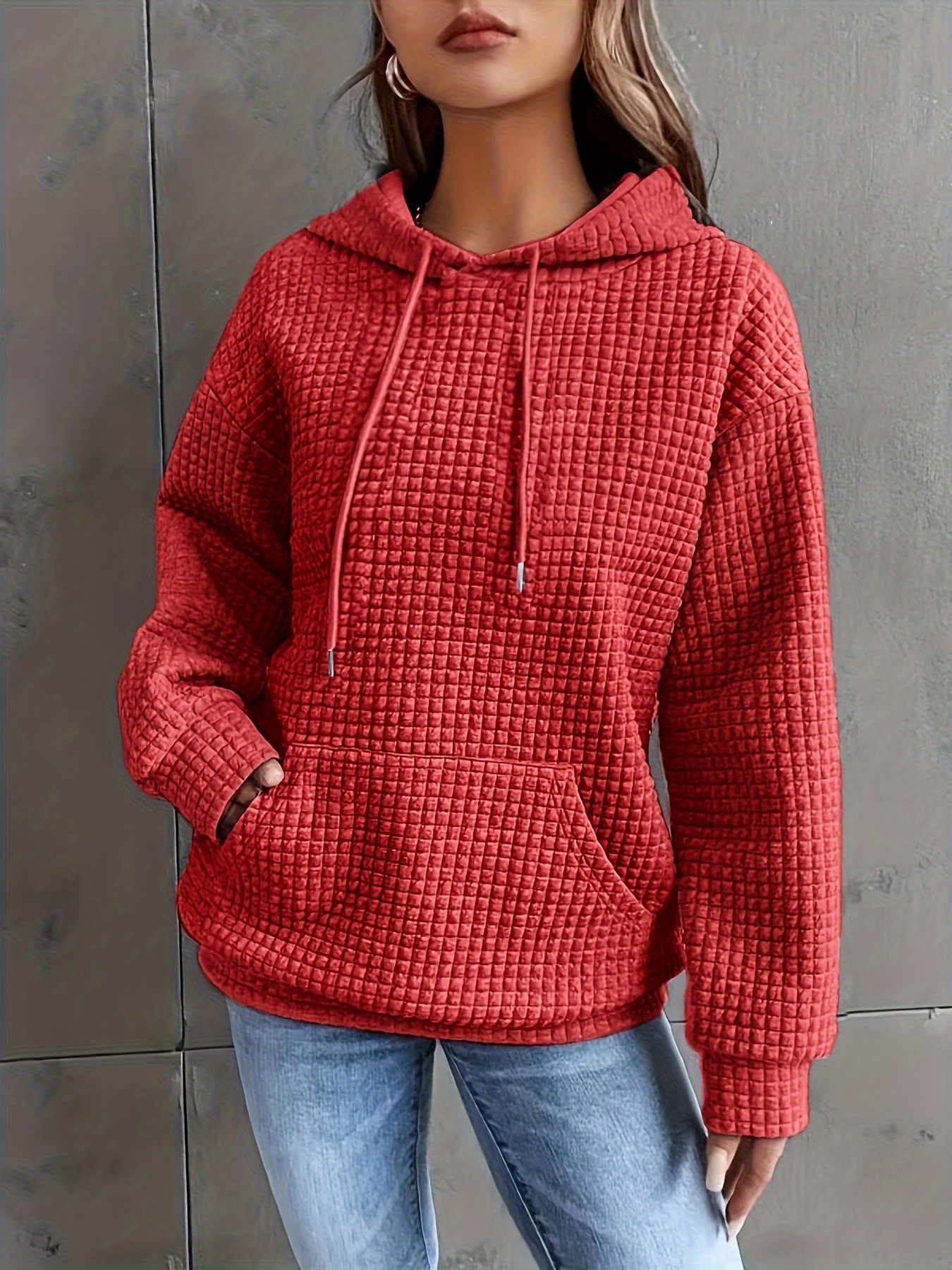 color block waffle drawstring hoodie casual long sleeve pocket sweatshirt womens clothing details 7