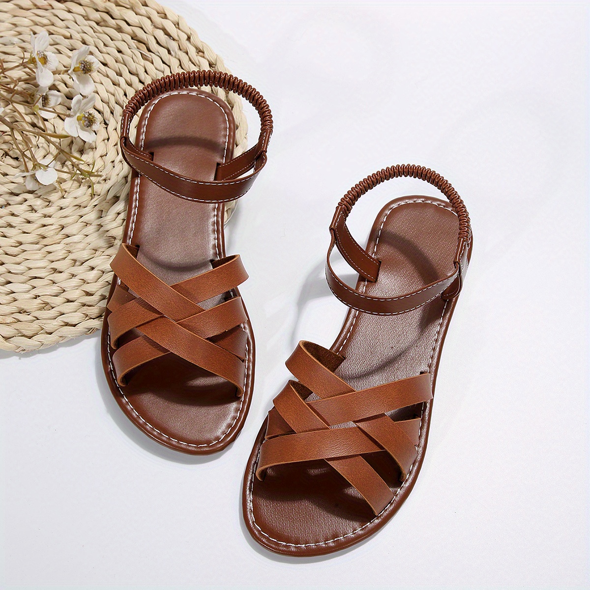 womens cross strap flat sandals roman style open toe elastic strap slip on shoes casual beach sandals details 3