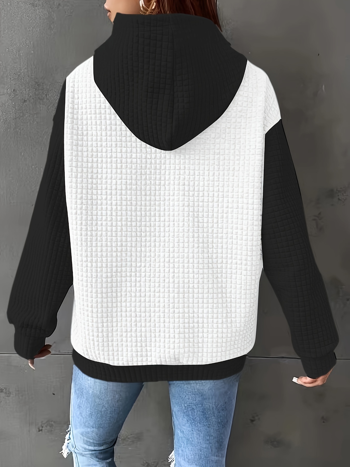 color block waffle drawstring hoodie casual long sleeve pocket sweatshirt womens clothing details 9