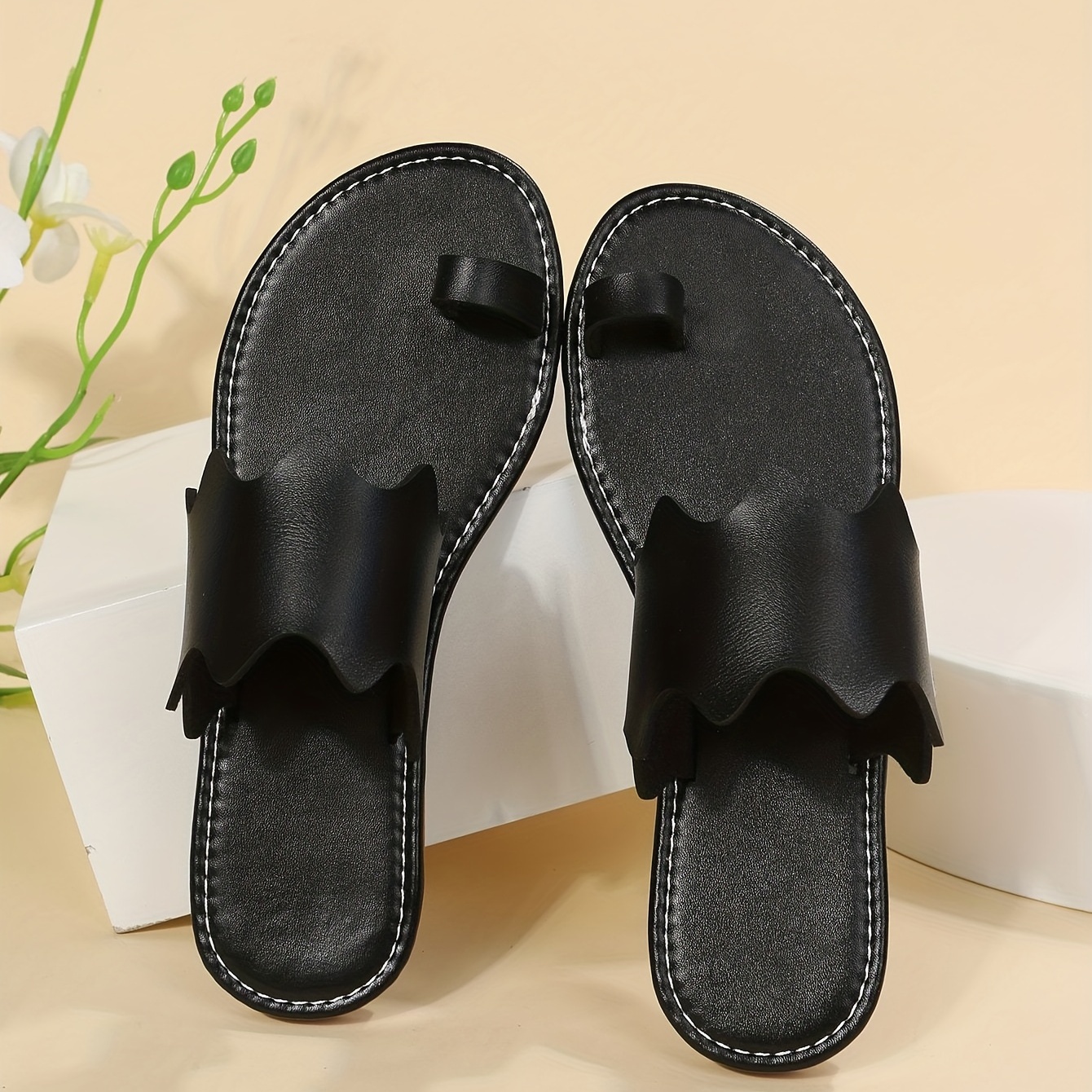 womens flat slide sandals black open toe non slip toe loop shoes casual outdoor beach slides details 4