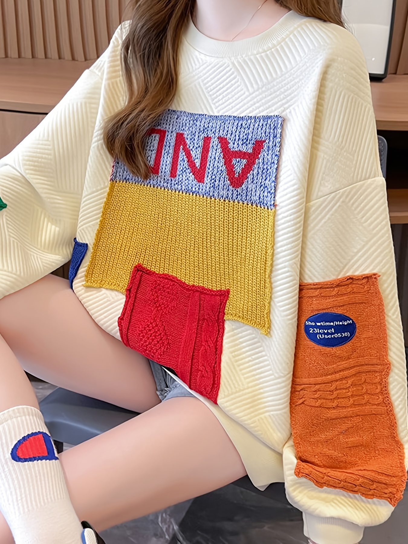 colorblock patchwork crew neck pullover casual fashion loose long sleeve sweatshirt womens clothing details 12