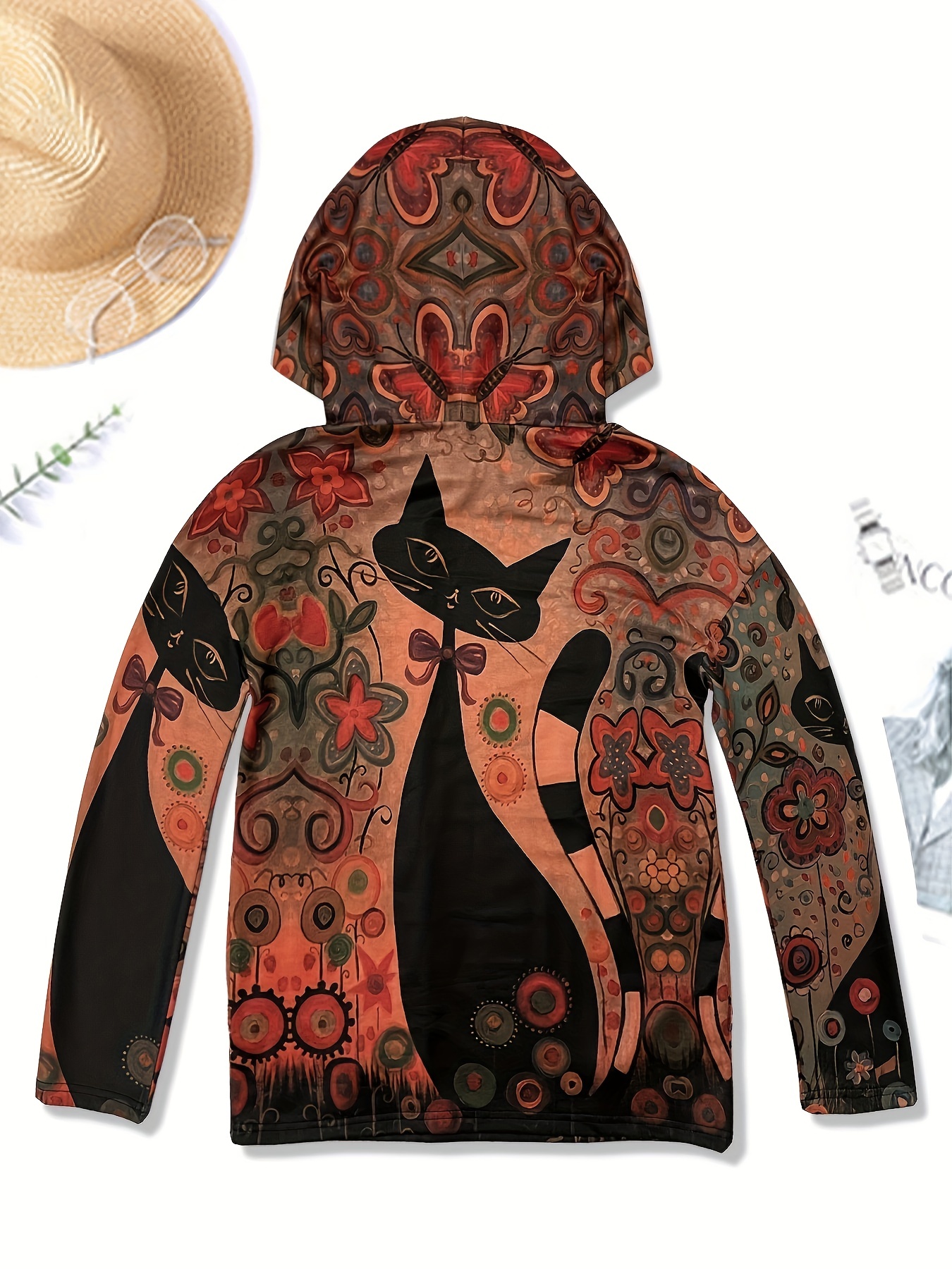 cartoon cat print hoodie casual long sleeve drop shoulder sweatshirt for spring fall womens clothing details 1