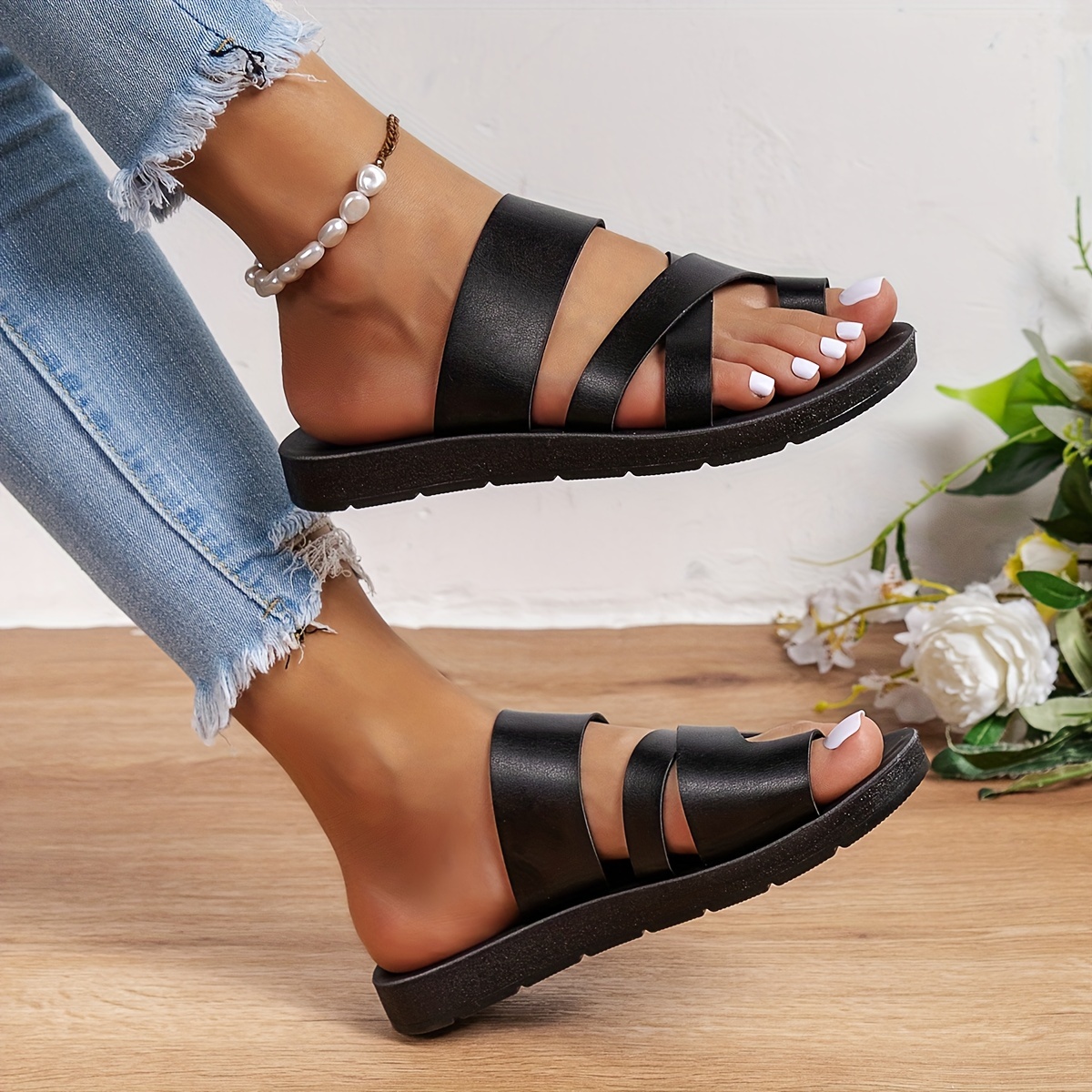 womens solid color slide sandals casual loop toe flat summer shoes lightweight beach shoes details 5