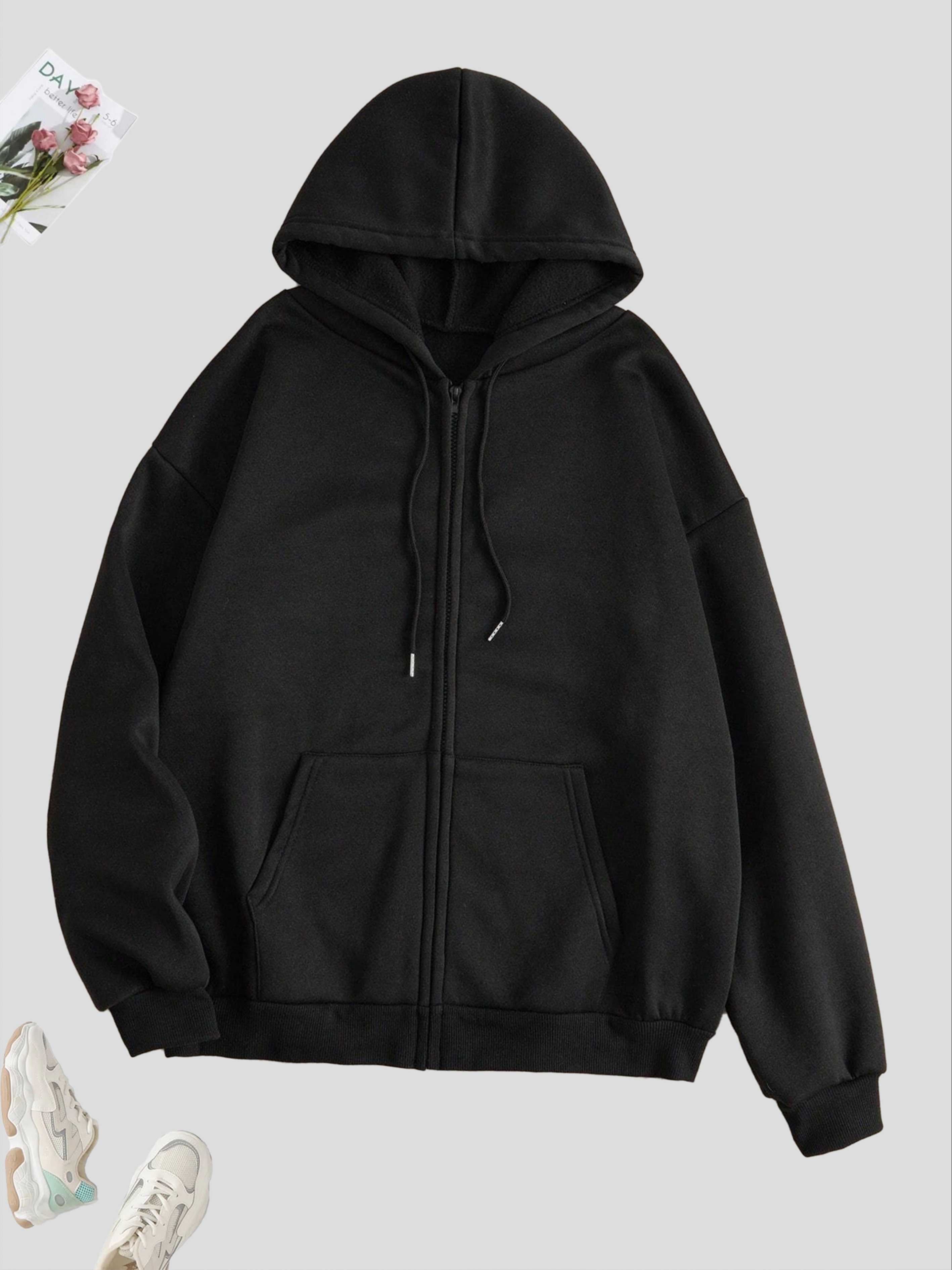 solid zip up hoodie casual long sleeve drawstring hoodies sweatshirt womens clothing details 10