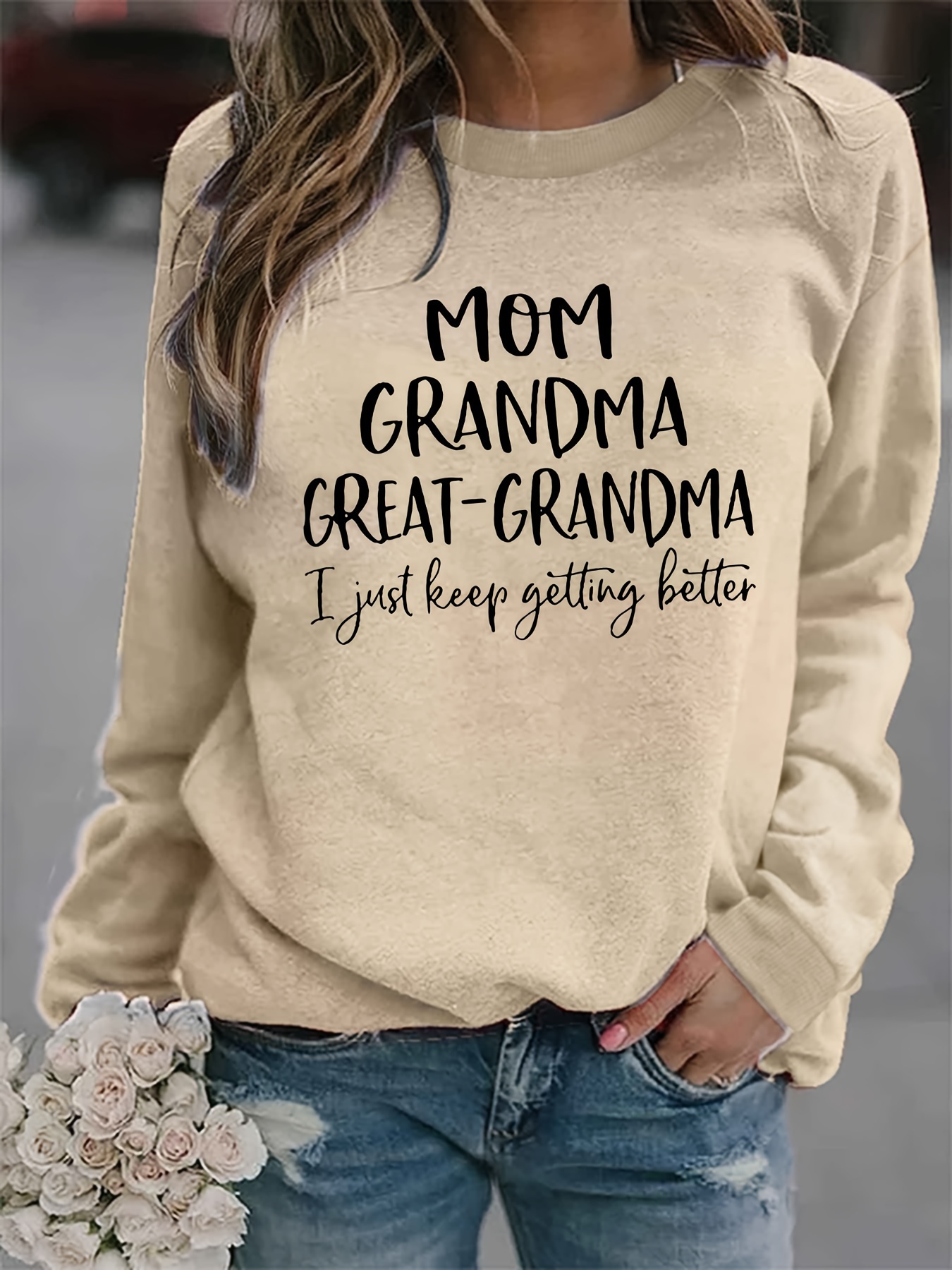 grandma print sweatshirt casual long sleeve crew neck sweatshirt for spring fall womens clothing details 5