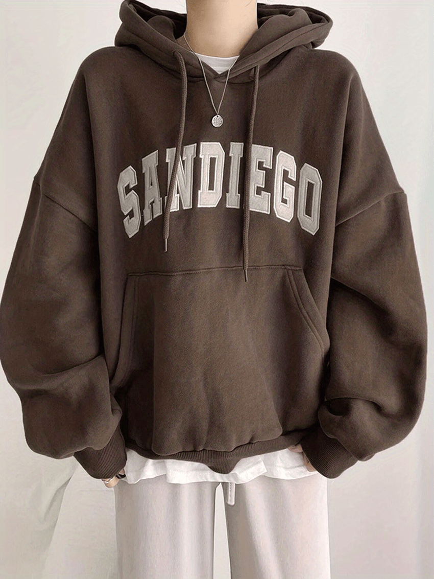 letter print drawstring hoodie casual long sleeve kangaroo pocket hoodie sweatshirt womens clothing details 0