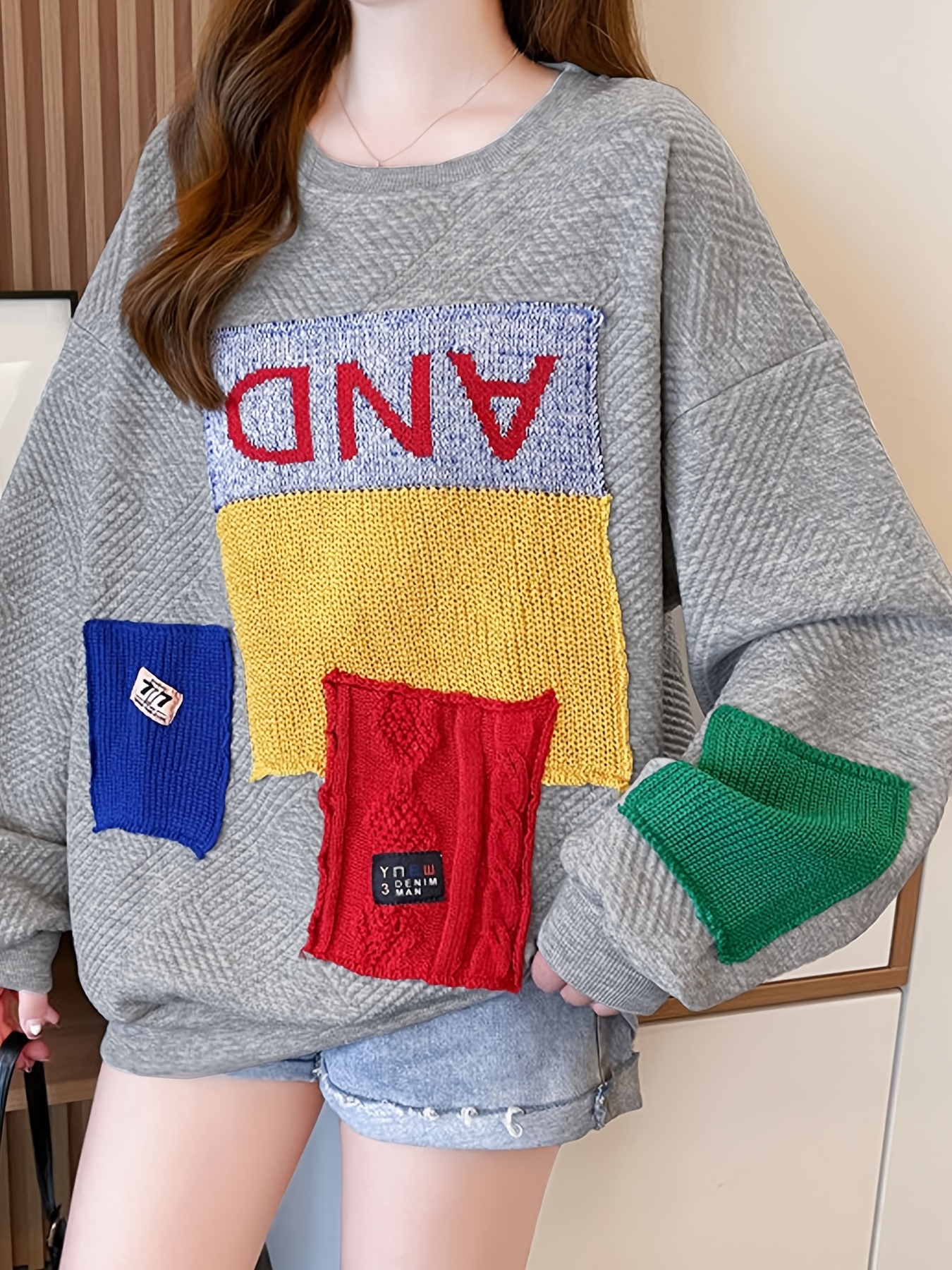 colorblock patchwork crew neck pullover casual fashion loose long sleeve sweatshirt womens clothing details 3