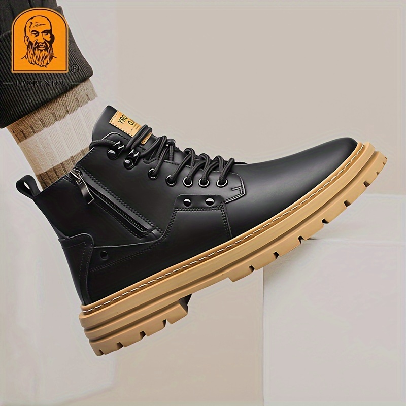 mens trendy outdoor work boots breathable anti skid high top lace up boots with side zipper autumn and winter details 5