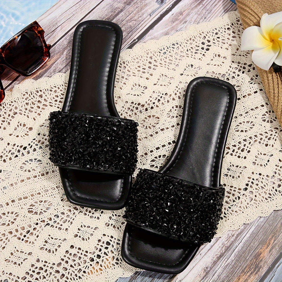 womens rhinestone decor sandals slip on lightweight flat casual slides non slip summer beach slides details 4