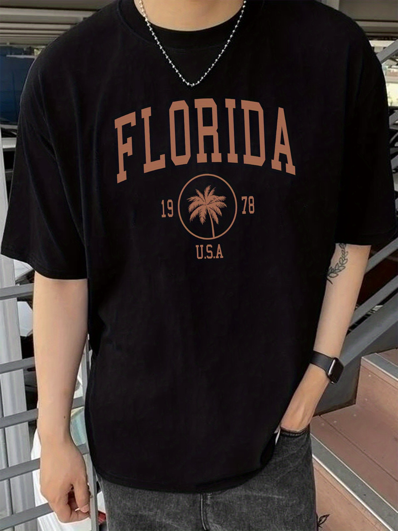 florida letter print mens t shirt for summer beach vacation mens trendy graphic crew neck tops details 1