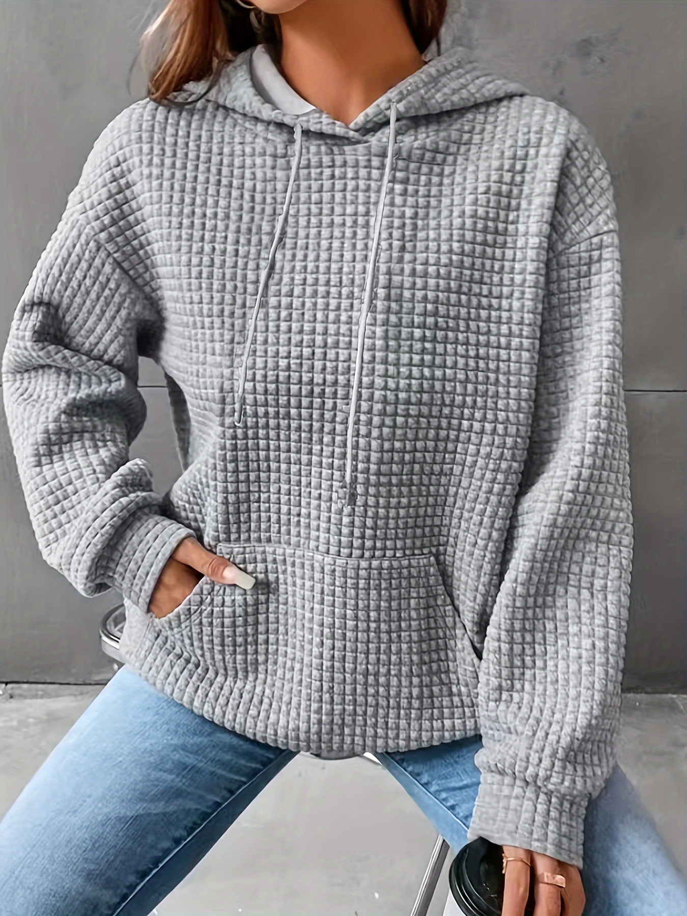 color block waffle drawstring hoodie casual long sleeve pocket sweatshirt womens clothing details 22