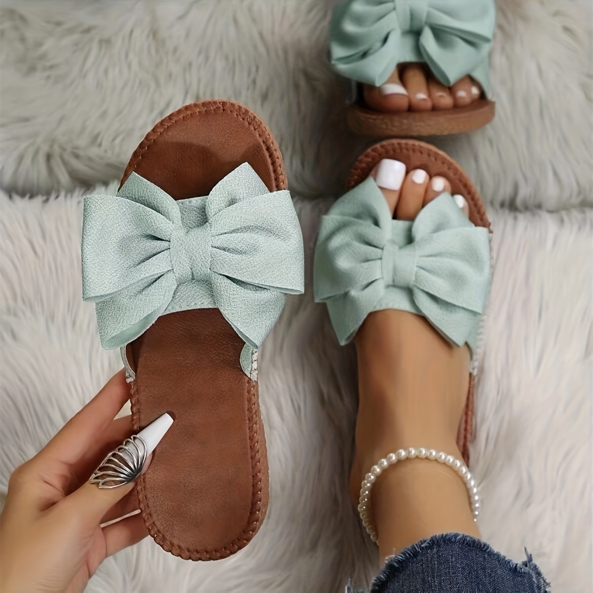 womens bow flat slide sandals fashion open round toe slip on shoes casual outdoor slides details 3