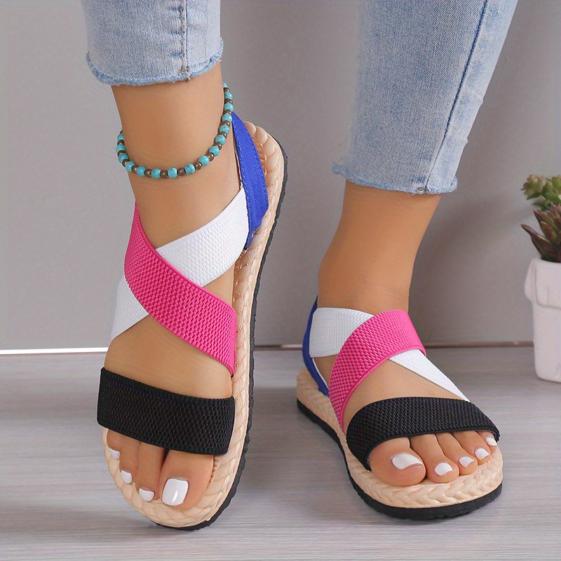 womens cross strap flat sandals casual elastic band beach shoes lightweight colorblock sandals details 1