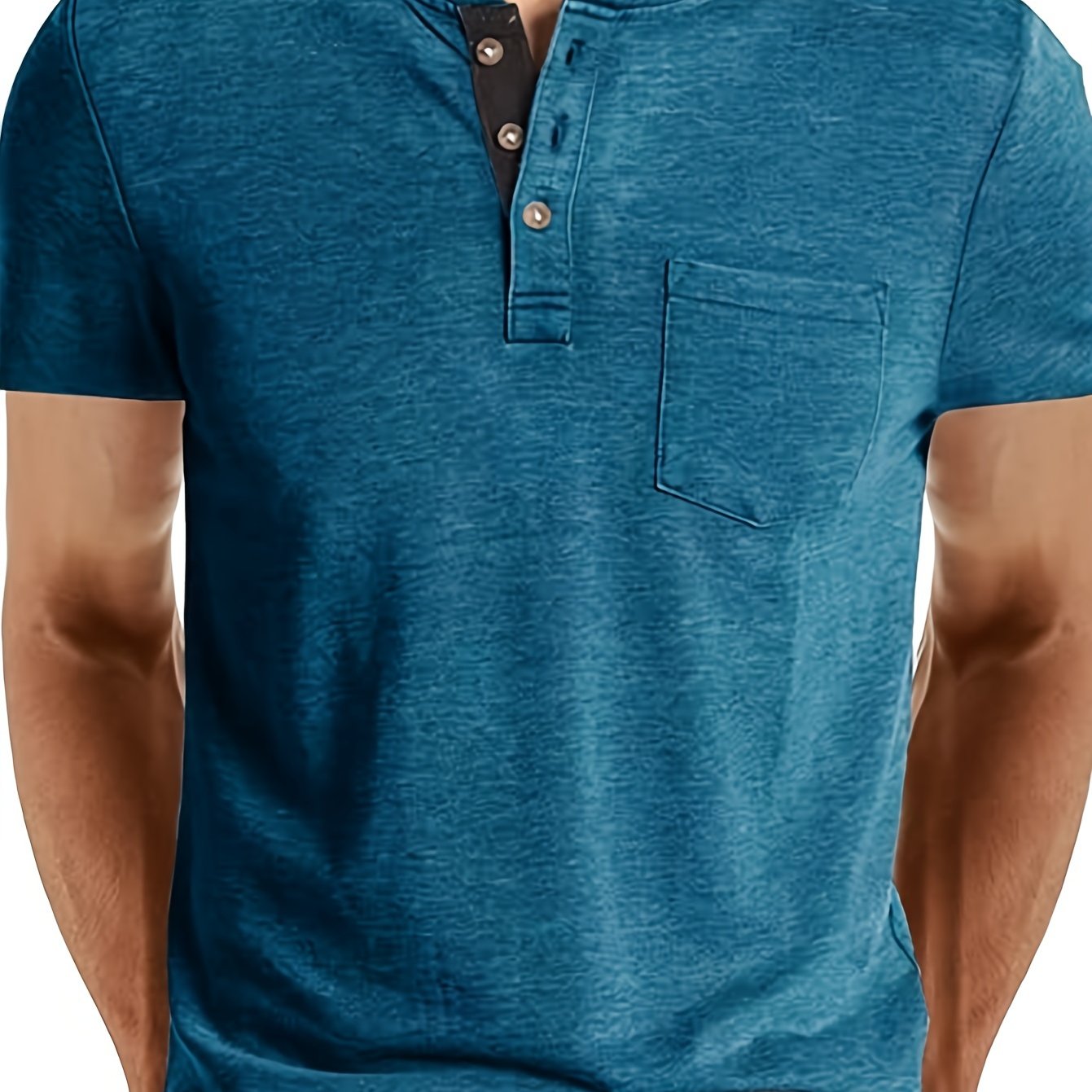 Solid Color Men's Basic Henley Tee With Chest Pocket, Casual Slim Short Sleeve Henley T-Shirt With Button