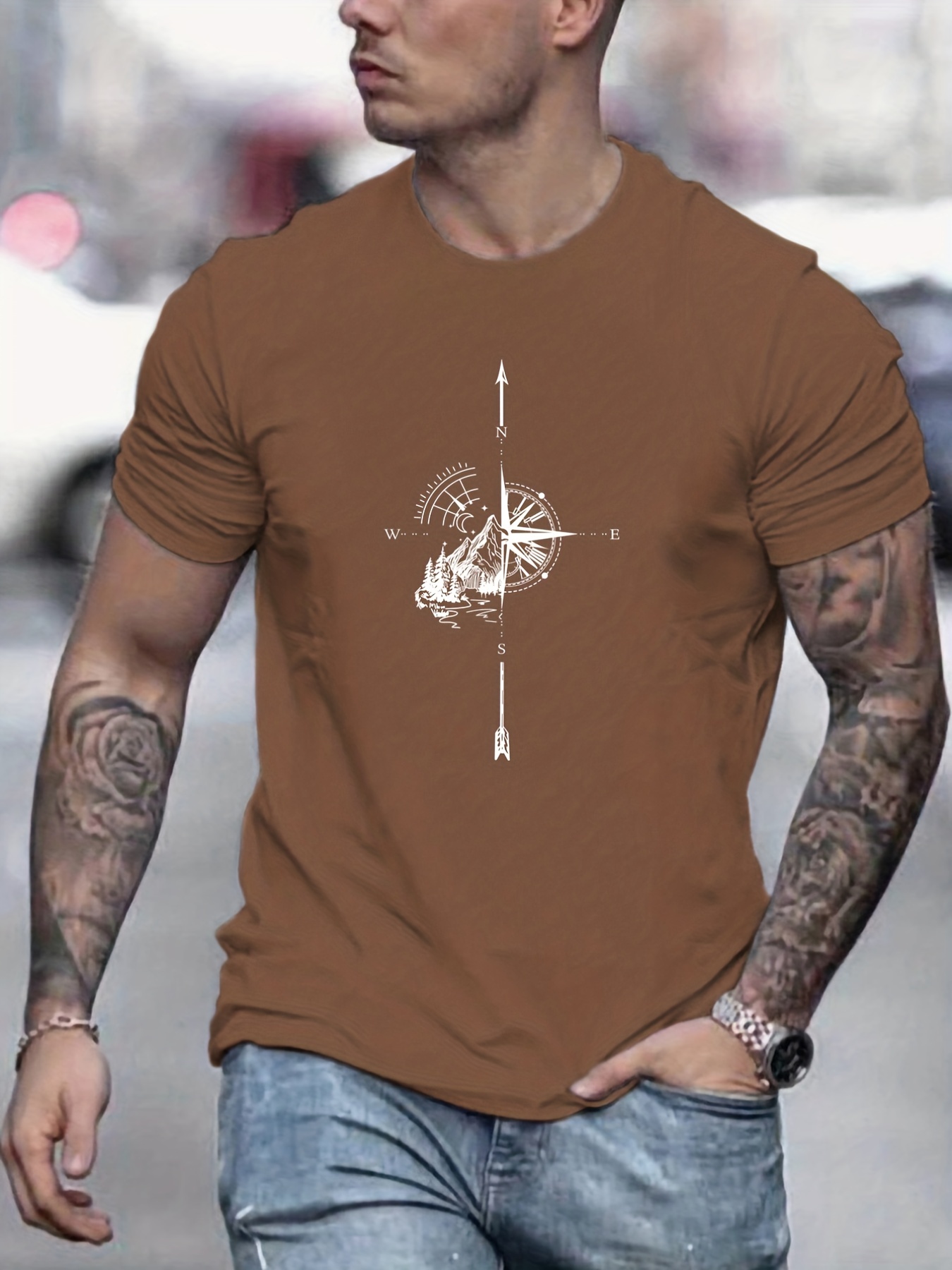 mountain and compass pattern print mens comfy t shirt graphic tee mens summer outdoor clothes mens clothing tops for men details 15