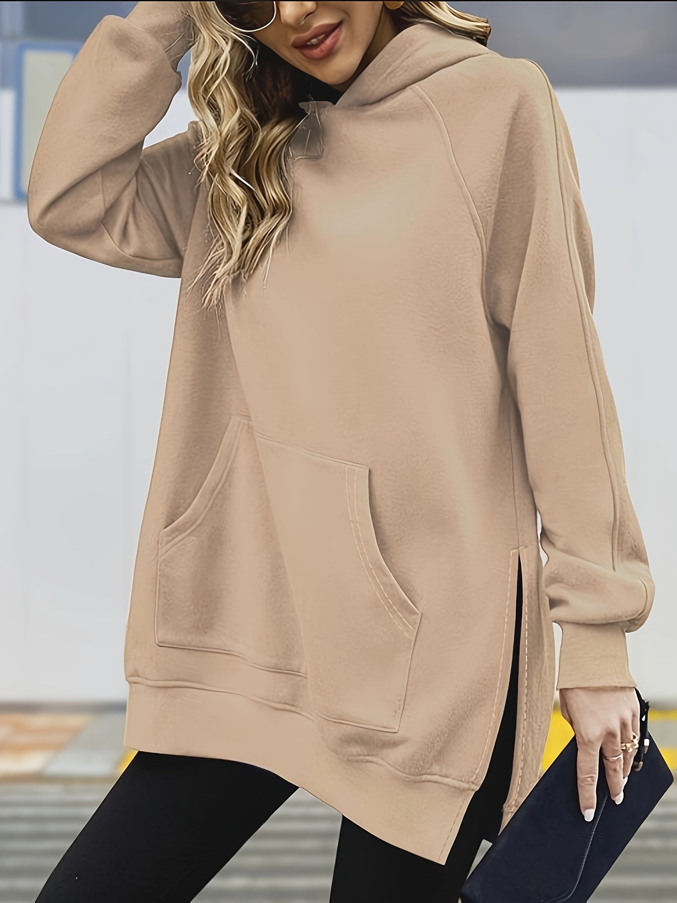 solid split oversized hoodie casual long sleeve kangaroo pocket sweatshirt womens clothing details 0